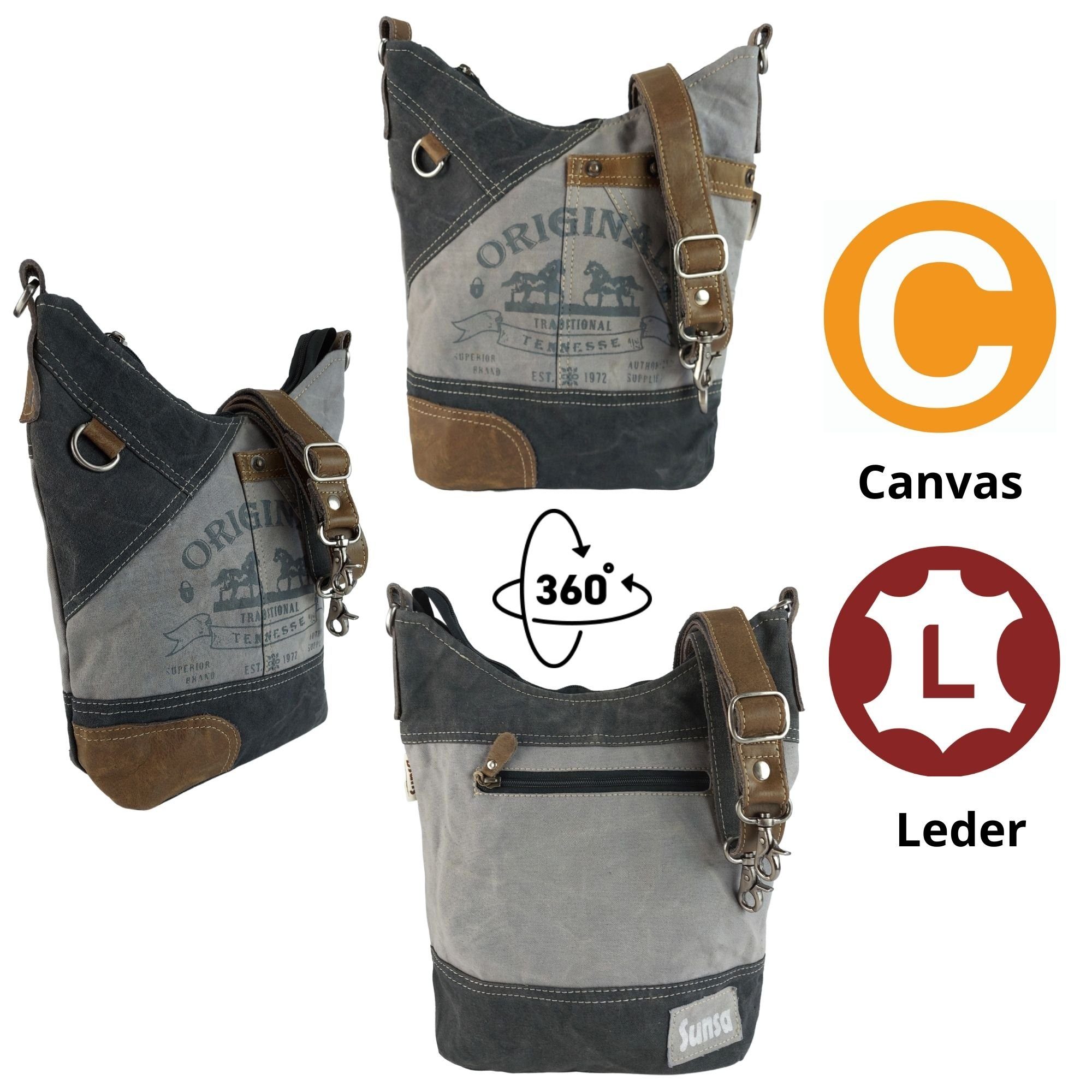 Sunsa Umhängetasche Graue Vintage Tasche. Damentasche in Hobo Form mit Pferde Aufdruck