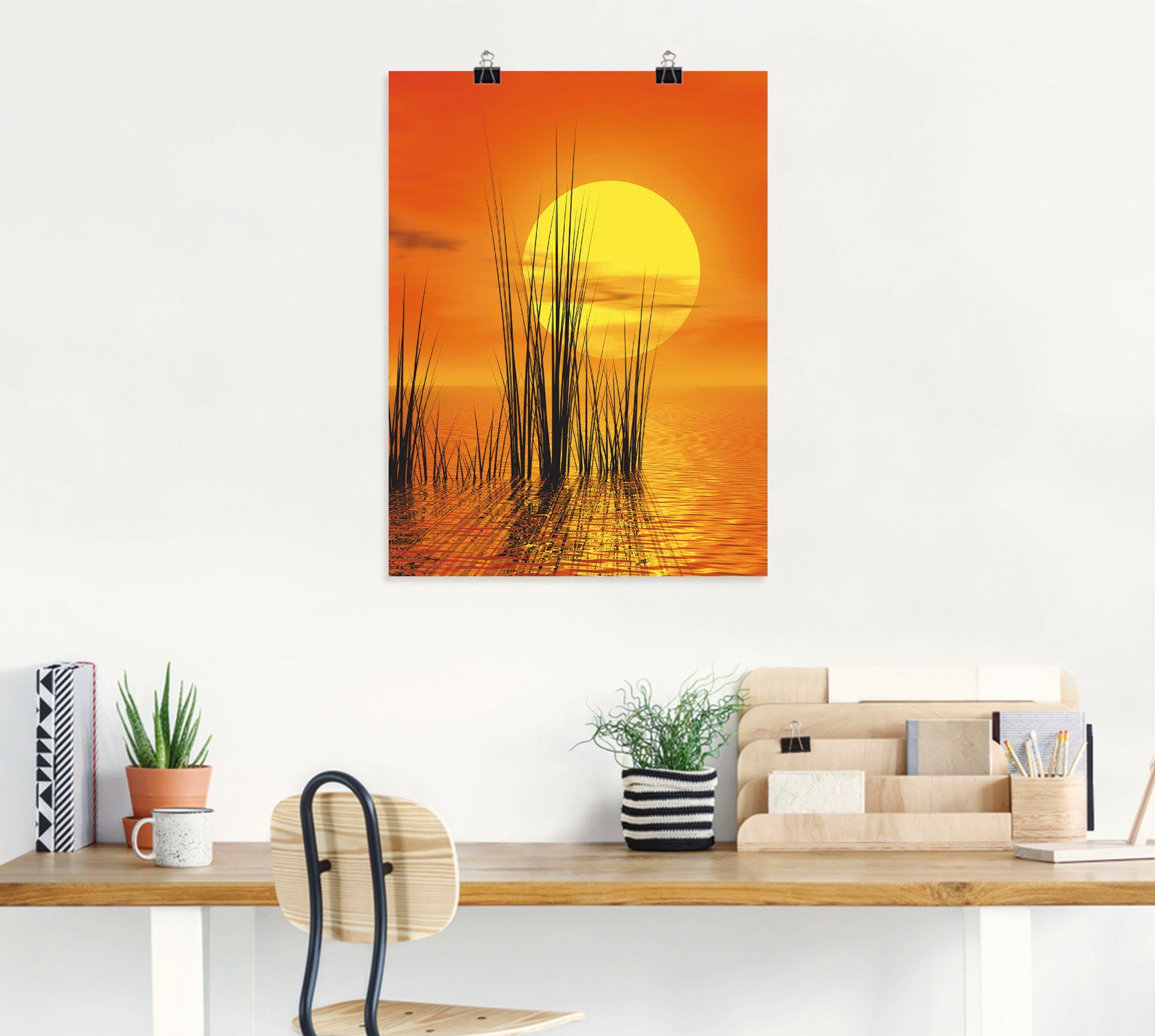 oder Schilf, mit Artland in -untergang Wandbild Sonnenuntergang versch. Wandaufkleber St), Sonnenaufgang als (1 & Leinwandbild, Größen Poster