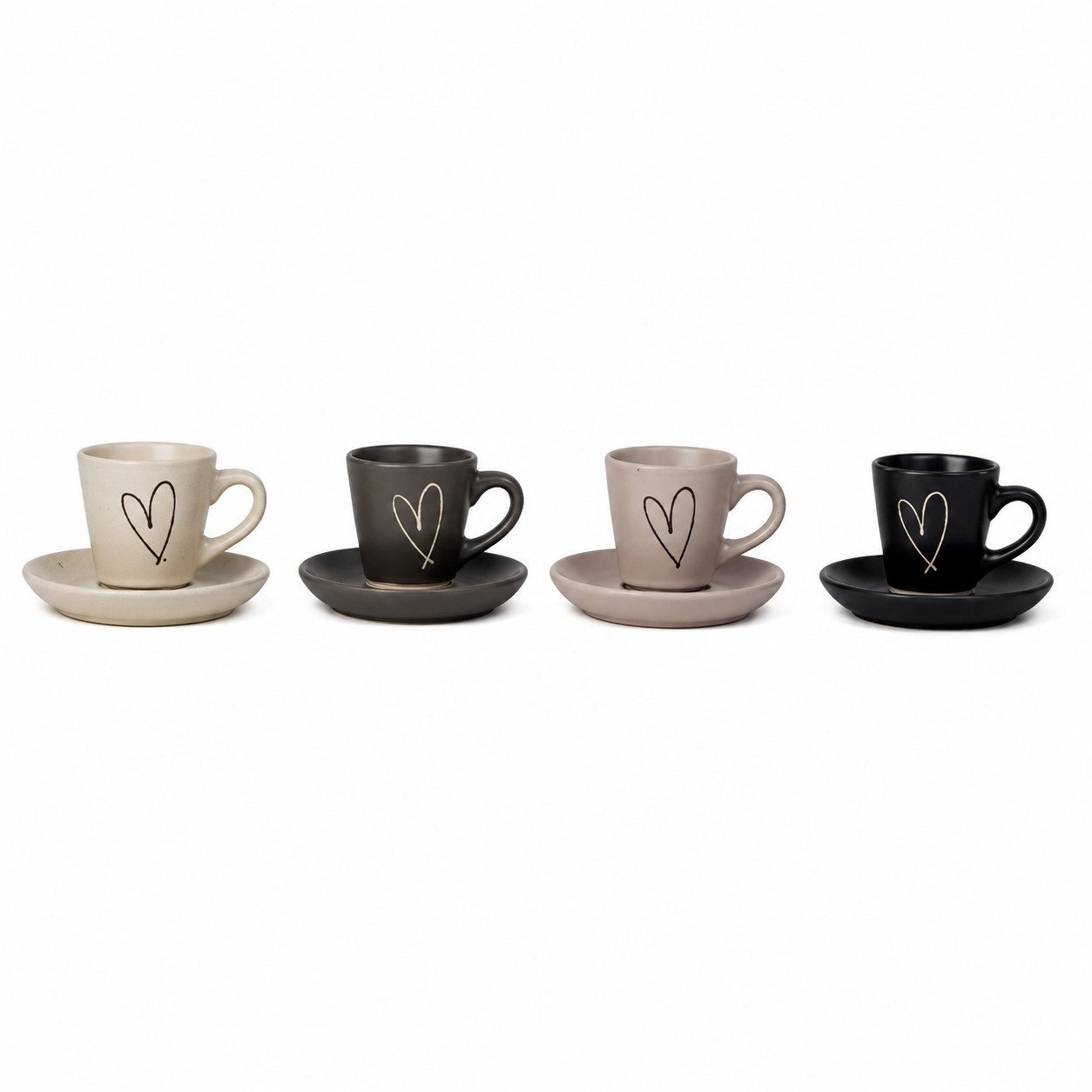 XiRRiX Espressotasse Espresso Tassen Set mit Untertasse bunt mit Herzmotiv, Steinzeug, Spülmaschinengeeignet
