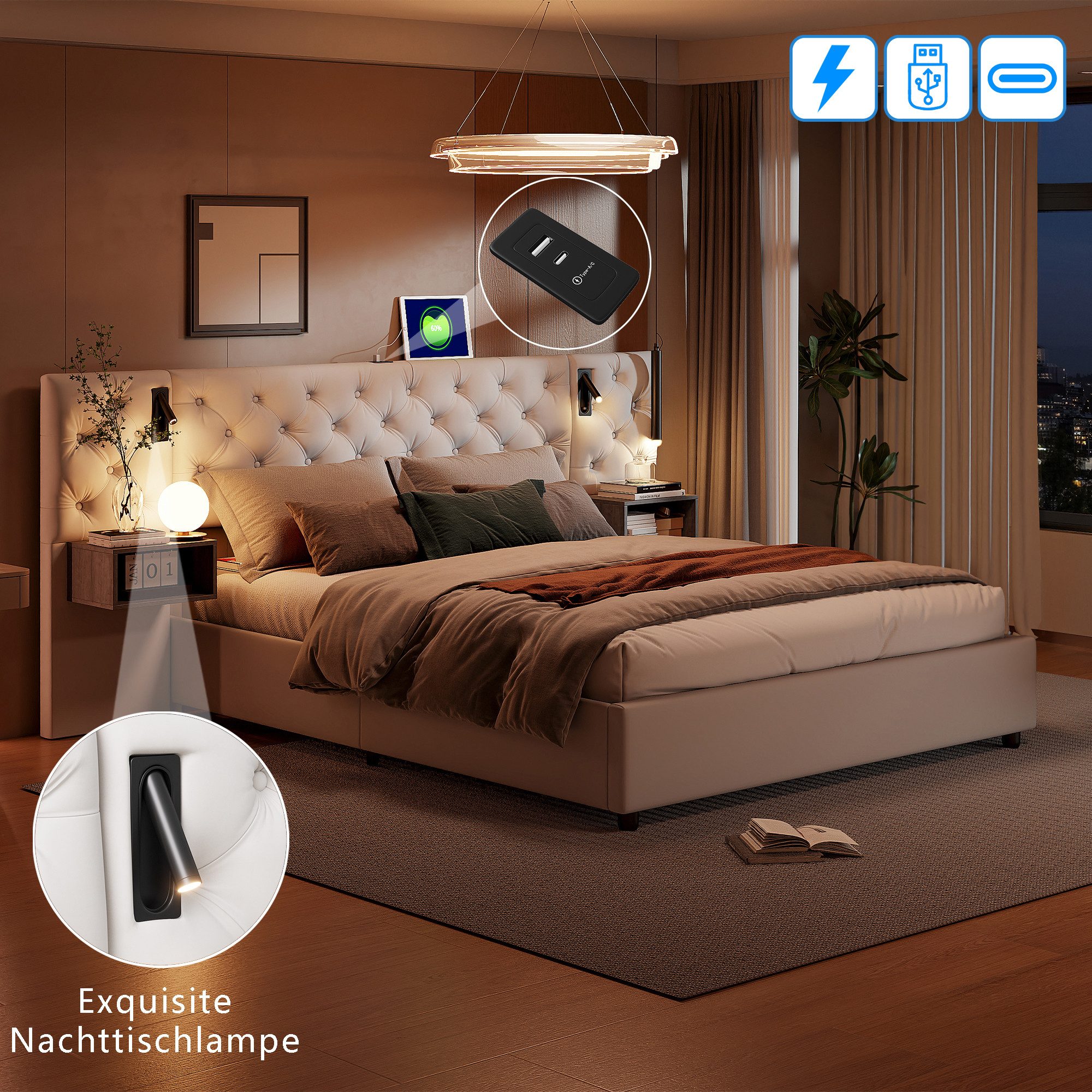 PXloue Polsterbett Doppelbett 160×200cm mit 2 Nachttische 4 Schublade Lesel günstig online kaufen