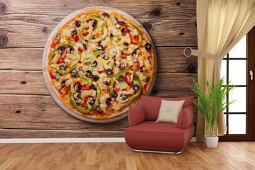 Wallario Vliestapete Italienische Pizza mit Peperoni, Oliven. Paprika und Käse, seidenmatte Oberfläche
