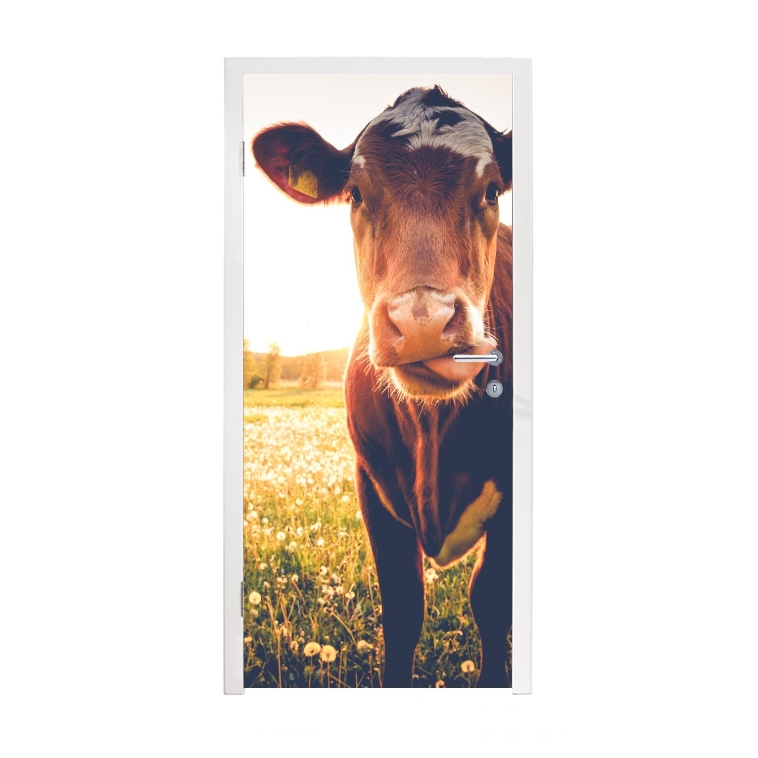 MuchoWow Türtapete Kuh - Sonnenuntergang - Blumen - Gras - Tiere, Matt, bedruckt, (1 St), Fototapete für Tür, Türaufkleber, 75x205 cm