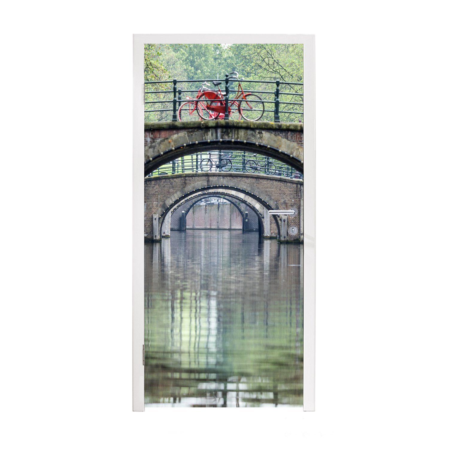 MuchoWow Türtapete Rote Fahrräder auf den Grachten von Amsterdam, Matt, bedruckt, (1 St), Fototapete für Tür, Türaufkleber, 75x205 cm