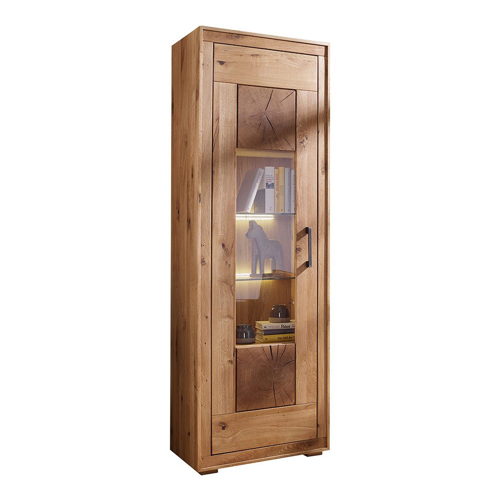 Lomadox Vitrine WINNIPEG-69 Vitrinenschrank, Eiche massiv geölt, Hirnholz-Details, montiert