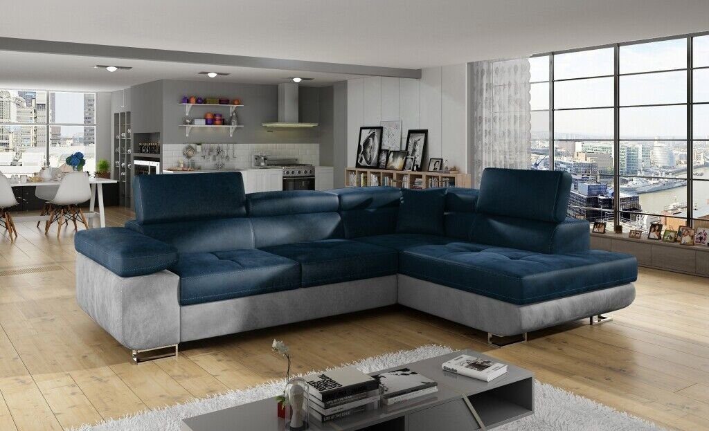 JVmoebel Ecksofa Eck Stoff Ecksofa L-Form Sofa Couch Design Couch, Made in Europe Blau/Grau