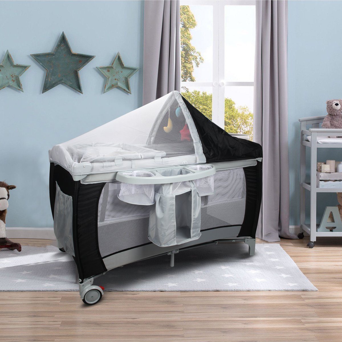 COSTWAY Baby-Reisebett 4 in 1 Kinderbett, klappbar, mit Matratze & 2 Rollen
