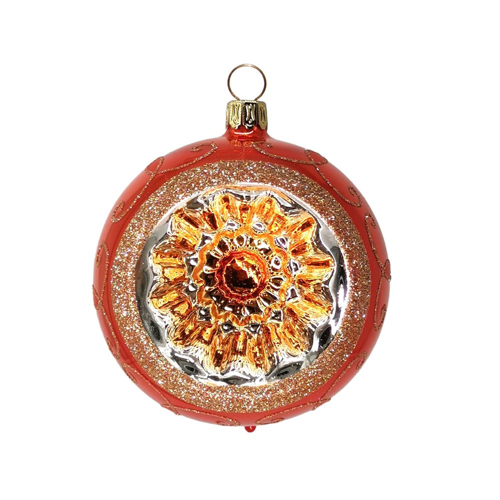 Reflexkugel (1 Weihnachtsbaumkugel handbemalt opal mundgeblasen, orange Schatzhauser St), Spitzenbordüre