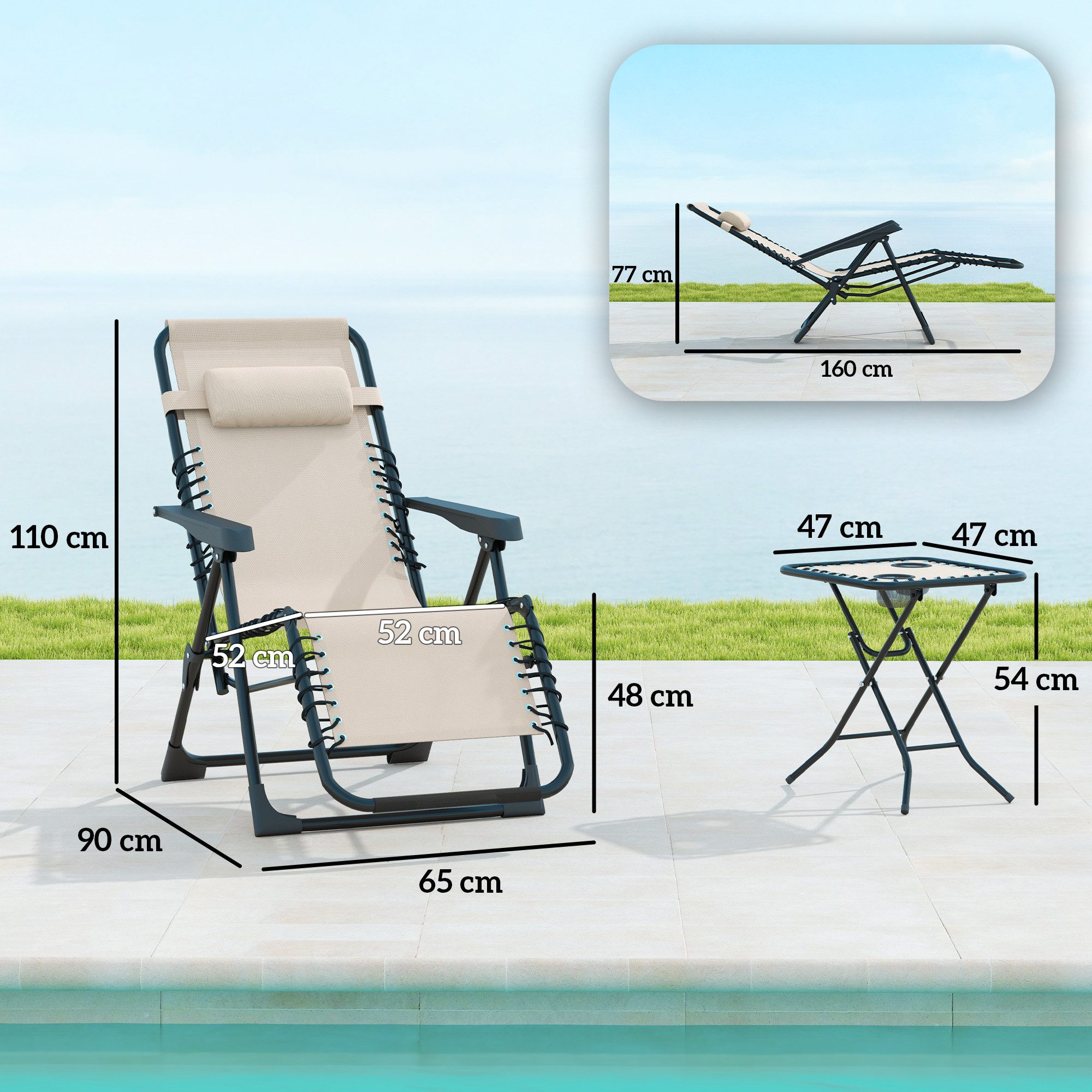 Outsunny Gartenliege Set Klappbar mit Teetisch 2 Stühle Kopfkissen, Outdoor Liege, 3-TLG. Sonnenliege, 1 St., wetterfest Relaxliege, für Garten, Terrasse, 90 x  – Bild 3 von 5