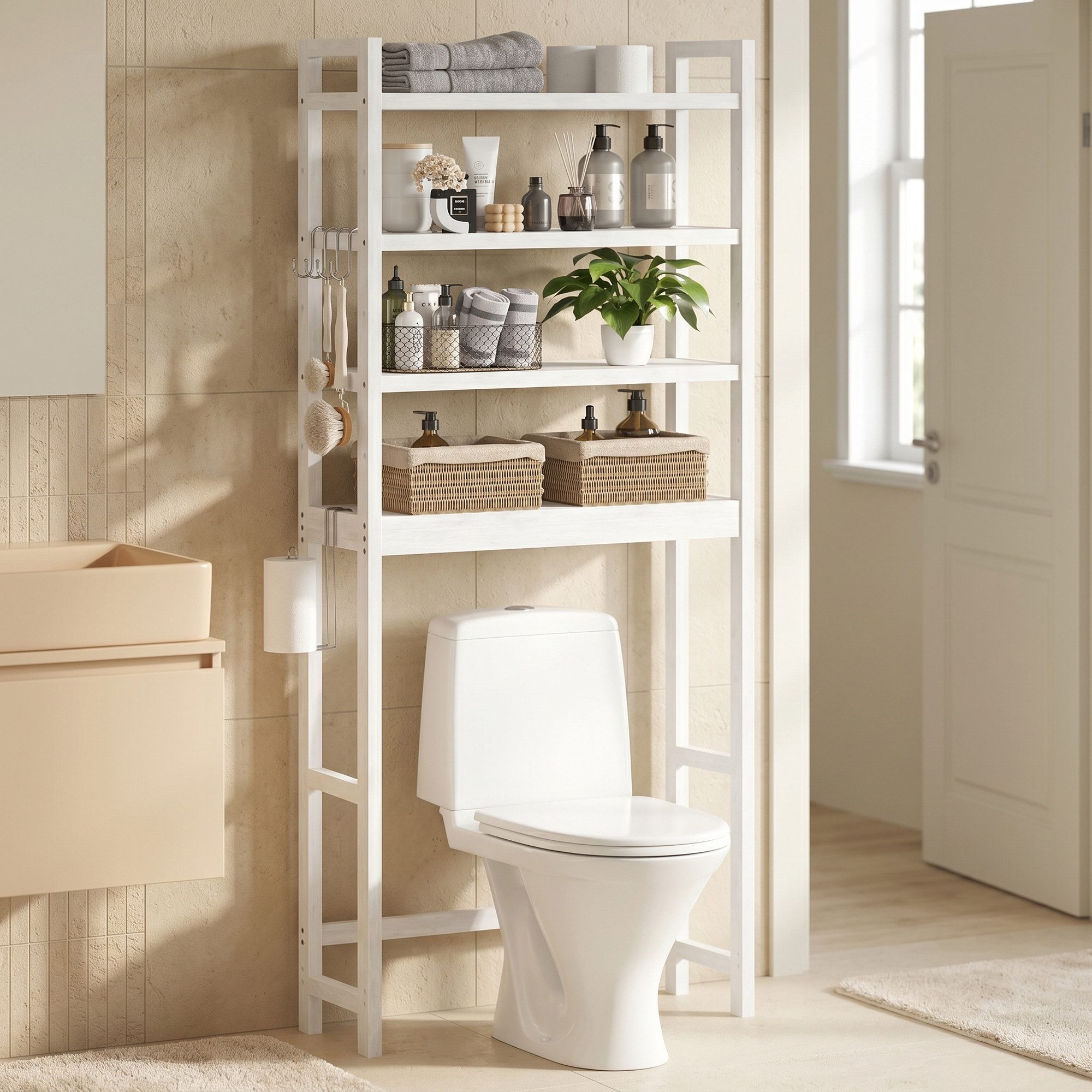 SONGMICS Badregal Toilettenregal, Badezimmerregal, geeignet für die meisten Toiletten, 4-stöckiges Badregal, verstellbare Ablagen, platzsparend