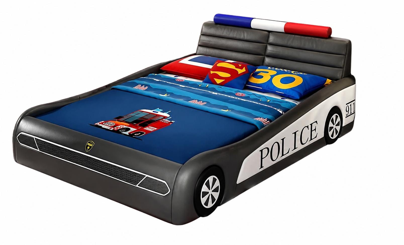 JVmoebel Autobett Schwarzes Kinderbett Polizeiauto LED Bett für Jungen Kinderbetten, Made in Europa