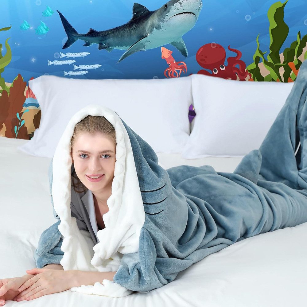 Wohndecke Hai Decke Mit Ärmeln, Superweichem Flanell Decken Hoodie Hai Overall, TUWENA, Deckenkapuzenpullover, Schlafsack Tragbare Decke für Erwachsene Kinder