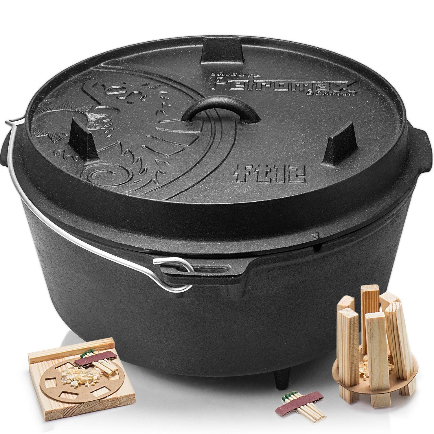 Petromax Schmortopf Feuertopf ft12 mit Deckel mit Füßen Dutch Oven, Gusseisen (Spar-Set, 3-tlg., für 14-20 Personen geeignet), Deckel mit Henkel als Pfanne nutzbar