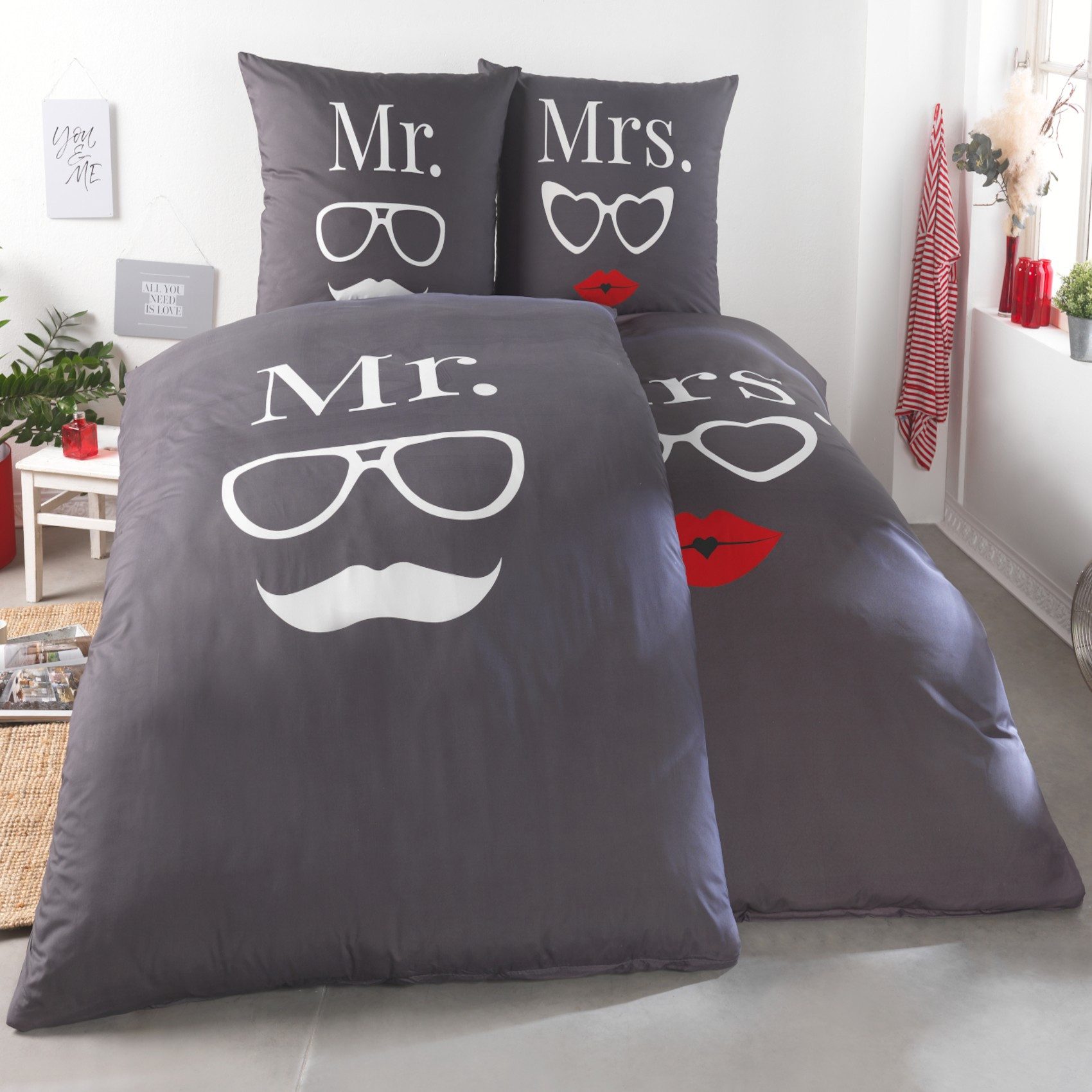 Kuscheli Partnerbettwäsche 2x 135x200 + 2x, MR-MRS Schwarz