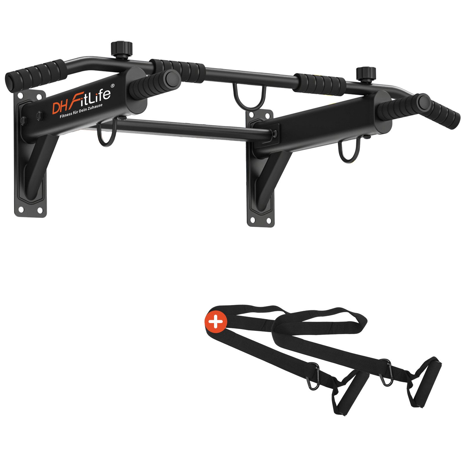 DH FitLife Klimmzugstange zur Wandmontage 4in1 mit Spreizdübel (Multifunktionale Pull-Up Bar für Zuhause bis 200kg, 6 rutschfeste Griffe), 3 Öse für Boxsack & Schlingentrainer, Sicher & Stabil