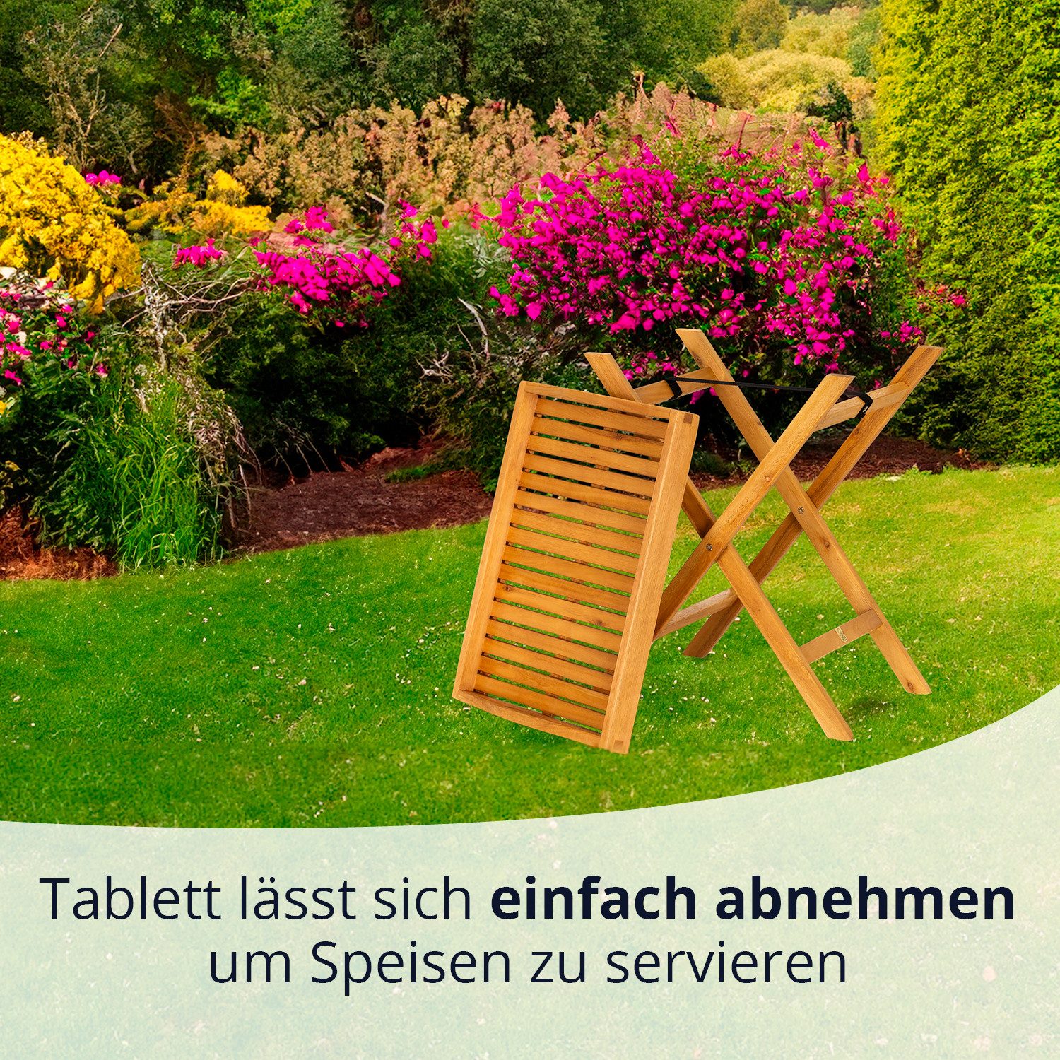 KHG Tabletttisch Serviertablett mit Griffen, klappbar, bis 75 kg belastbar (Outdoor-Tablett mit Ständer), aus Eukalyptus-Holz, zum Schutz geölt, FSC-Zertifiziert