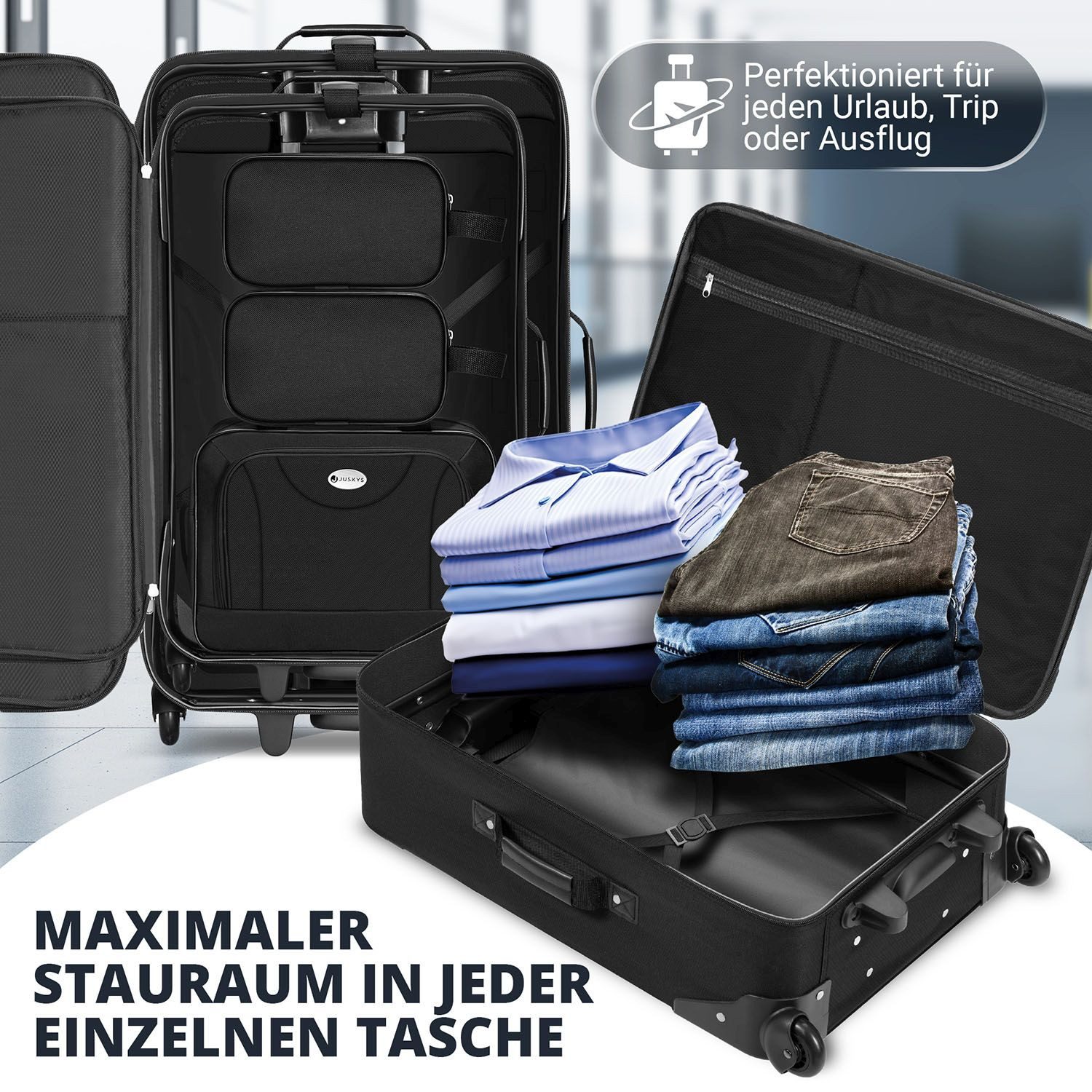 Juskys Trolleyset Athen, 2 Rollen, (5-teilig), 2 Trolley, 1 Umhängetasche, 2 Kosmetiktaschen