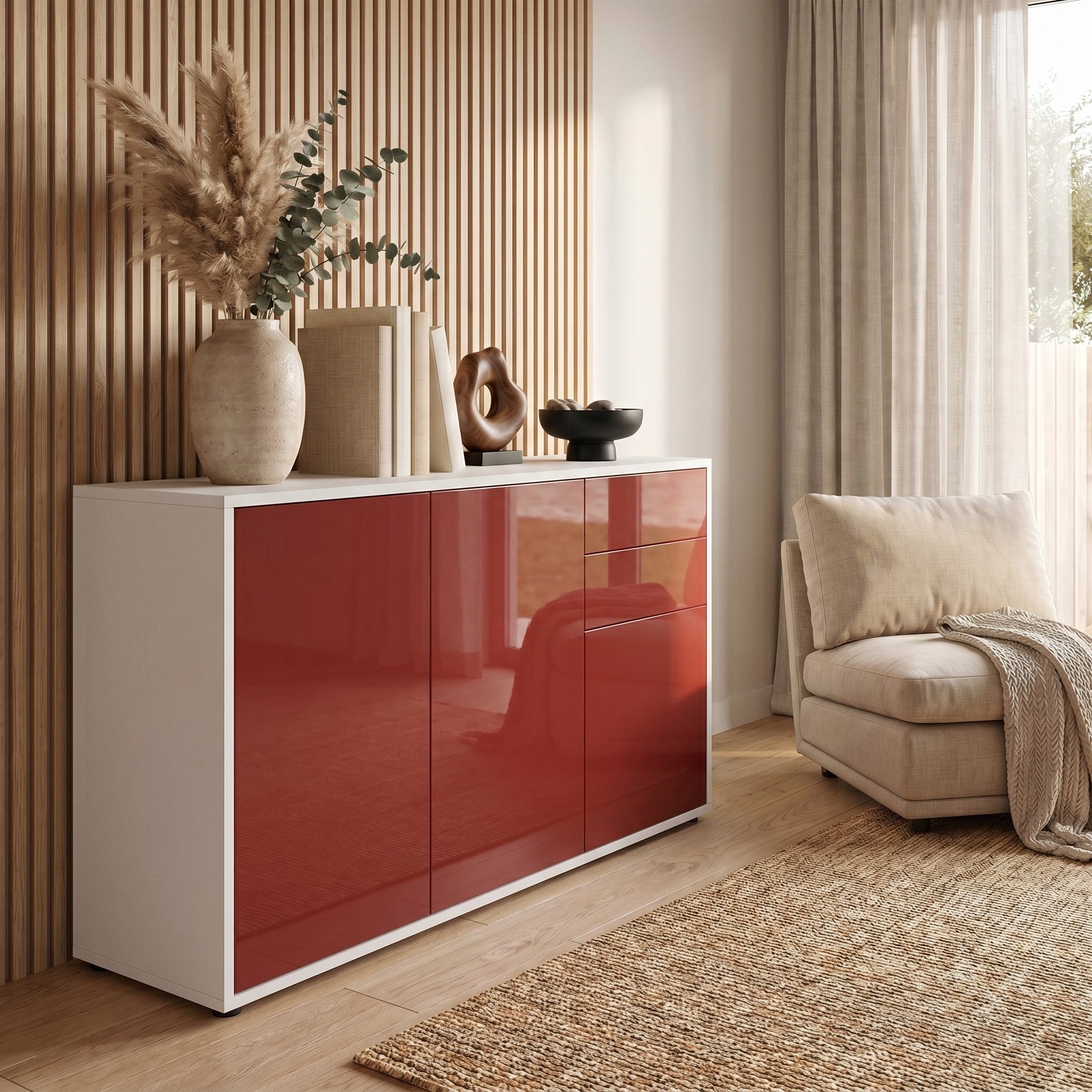 Vladon Kommode Ben V3 (Kommode, mit 3 Türen und 2 Schubladen), Weiß matt/Bordeaux Hochglanz (117 x 74 x 36 cm)