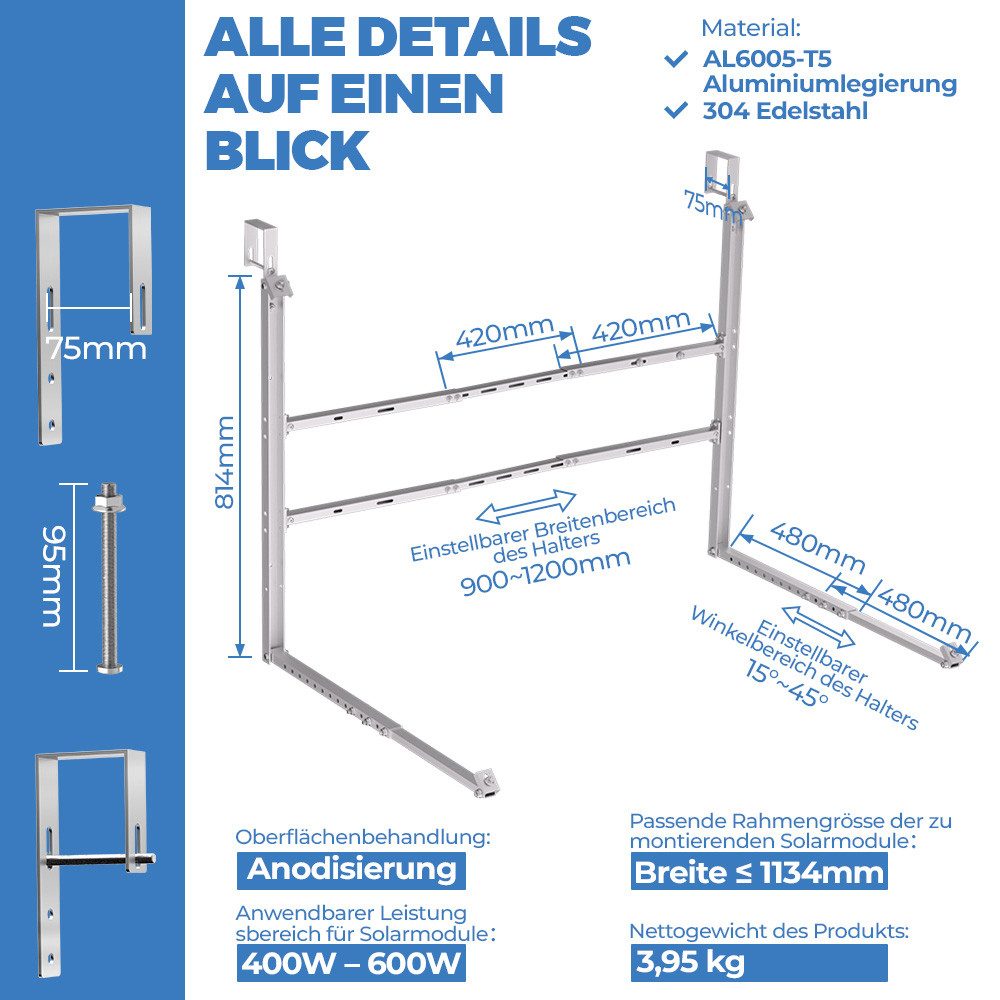 Rhein Beleuchtung Solarmodul-Halterung Balkonkraftwerk Halterung Alu AL6005 T5 mit Balkonhaken, Silber, (bis 44 Zoll, Set, 1-tlg., Solarpanel Halterung für Geländer, Wand, Montage in 15 Min, Neigung 15 45 Grad für PV Modul Halterung 400 600 Watt)