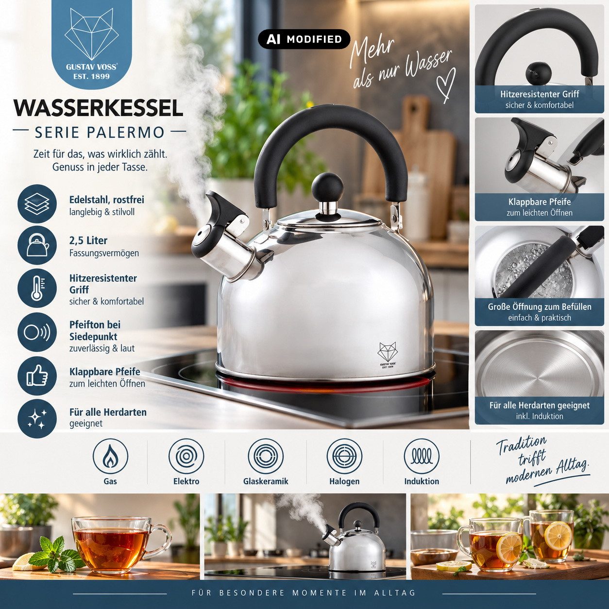 Gustav Voss Wasserkessel Teekessel Edelstahl Flötenkessel Pfeiffkessel Wasser-Kessel, Edelstahl, Klappbare Pfeife zum leichten Öffnen – Bild 3 von 5
