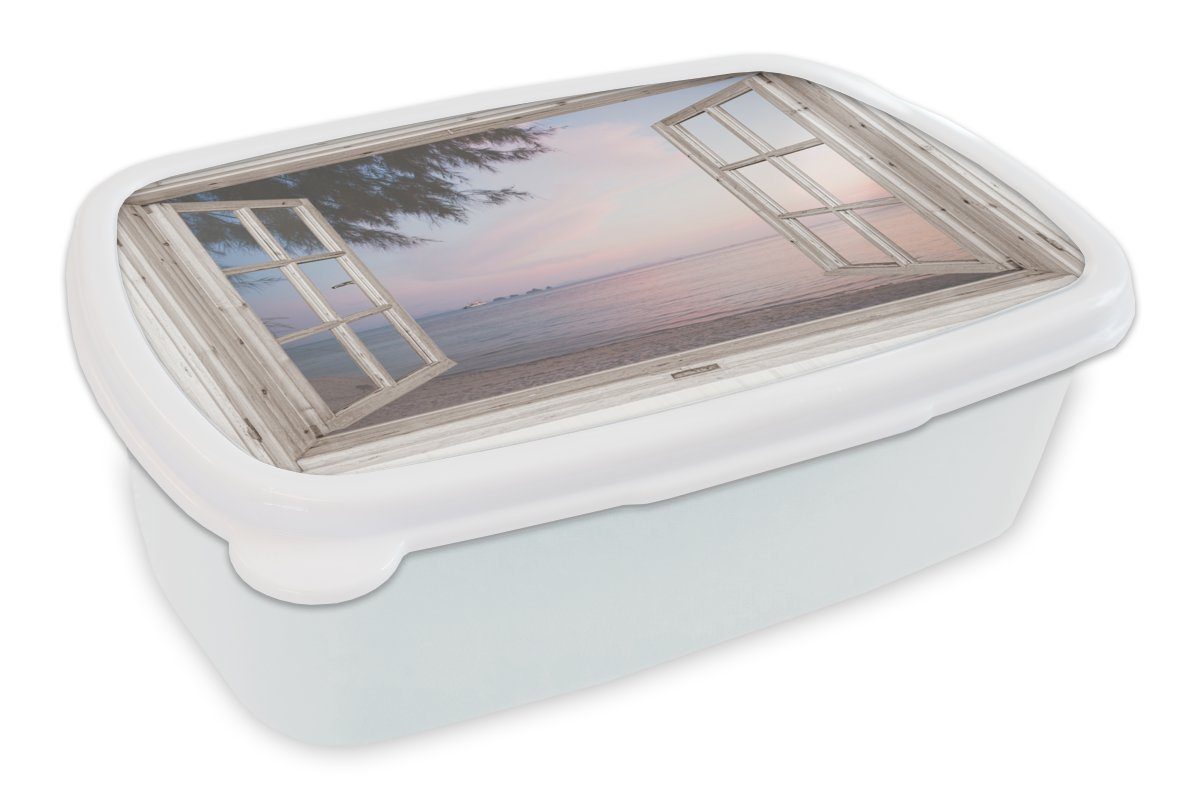 MuchoWow Lunchbox Aussicht - Strand - Palme, Kunststoff, (2-tlg), Brotbox für Kinder und Erwachsene, Brotdose, für Jungs und Mädchen weiß