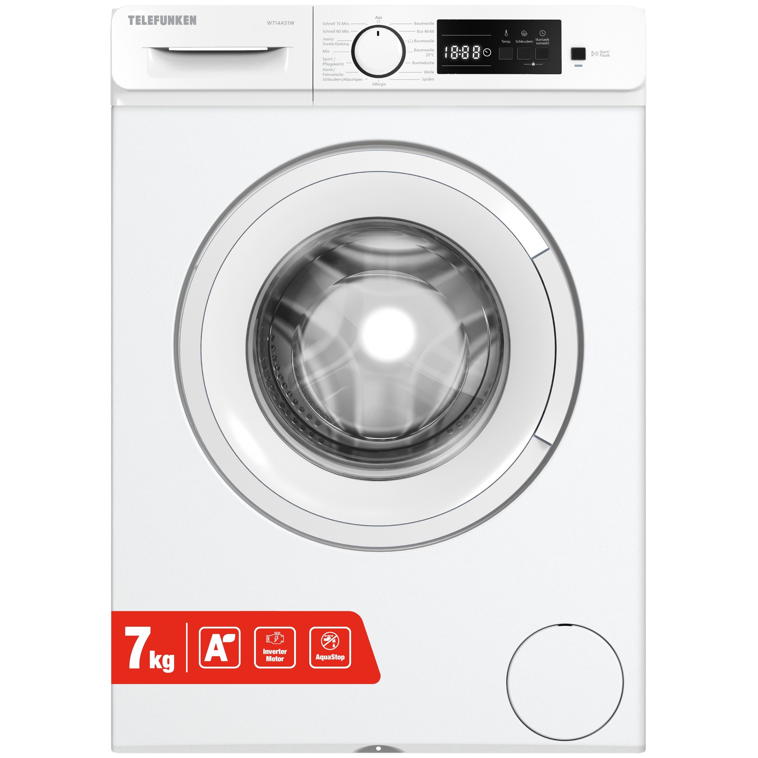 Telefunken Waschmaschine W714AS1W, 7 kg, 1400 U/min, Frontlader, Inverter Motor, AquaStop, 7kg, Leise & Effizient, weiß