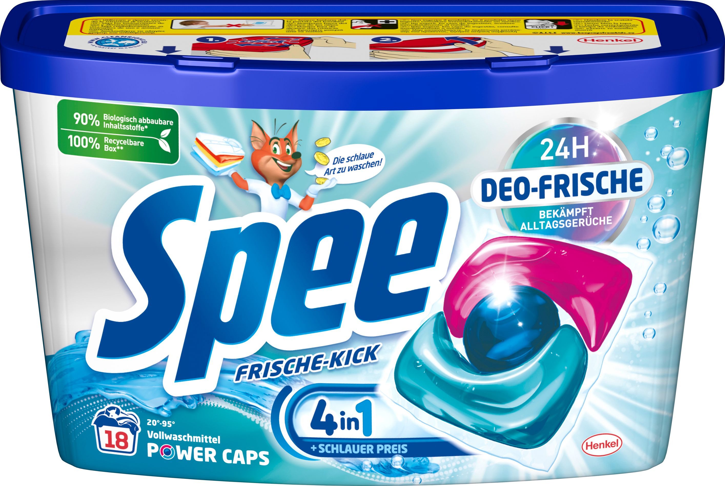 Spee 4 in 1 Power Caps Frische Kick 18 WL Vollwaschmittel (18-St. Kapseln mit 24h Deo-Frische gegen Alltagsgerüche)