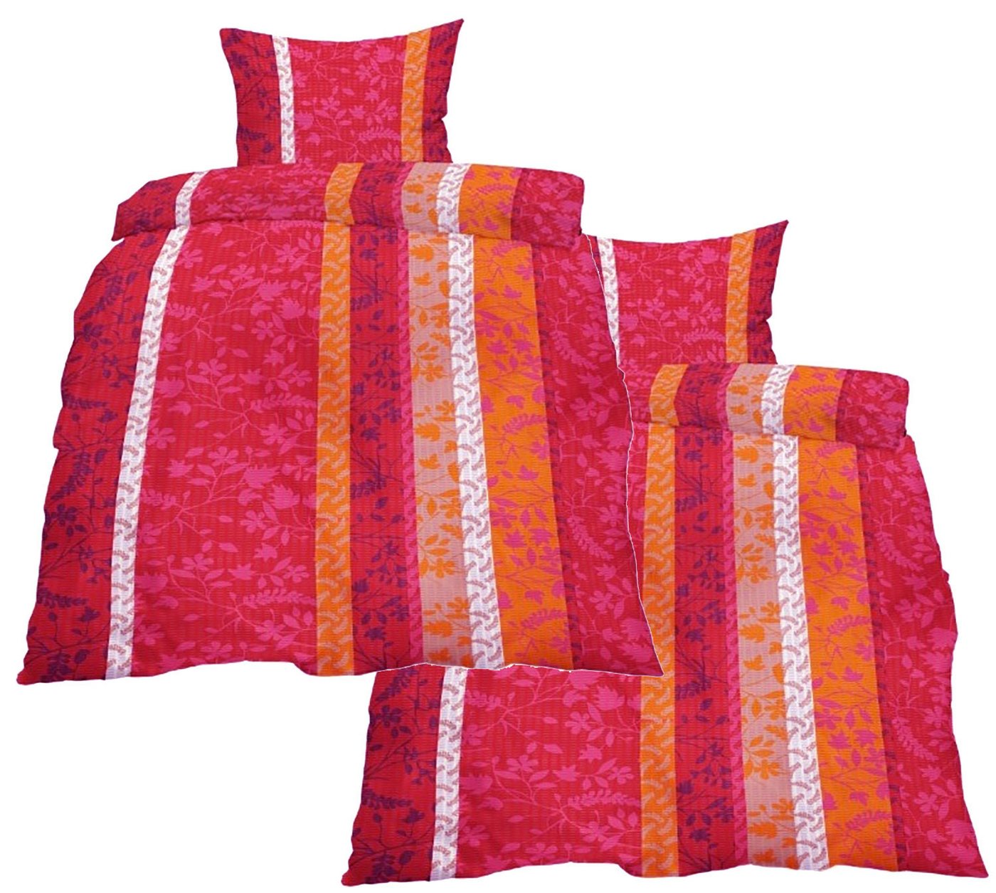 KH-Haushaltshandel Bettwäsche 4-tlg. Baumwoll Seersucker Bettwäsche 2x(135x200 +80x80 cm), Seersucker, 4 teilig, rot orange, längs gestreift, Baumwolle, bügelfrei