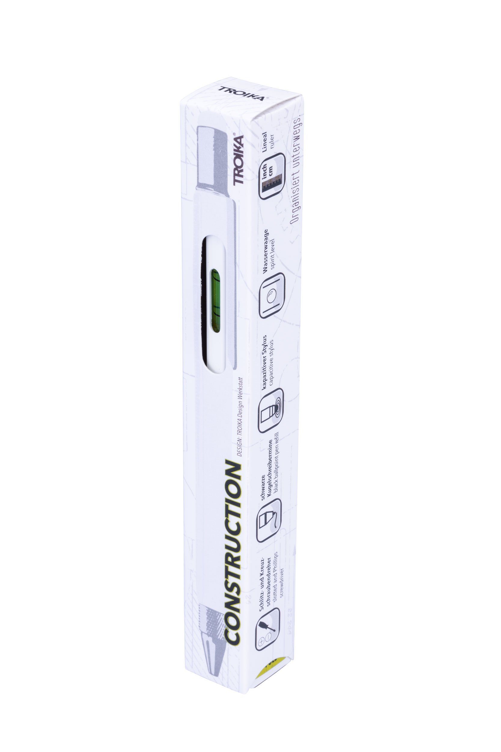 weiß - und Stylus PIP20/WH Skala Kugelschreiber Wasserwaage CONSTRUCTION Multitasking-Kugelschreiber 1:20 - m - TROIKA und m und 1:50 Zentimeter- - Zoll-Lineal - TROIKA - Kreuzschraubendreher - Schlitz-