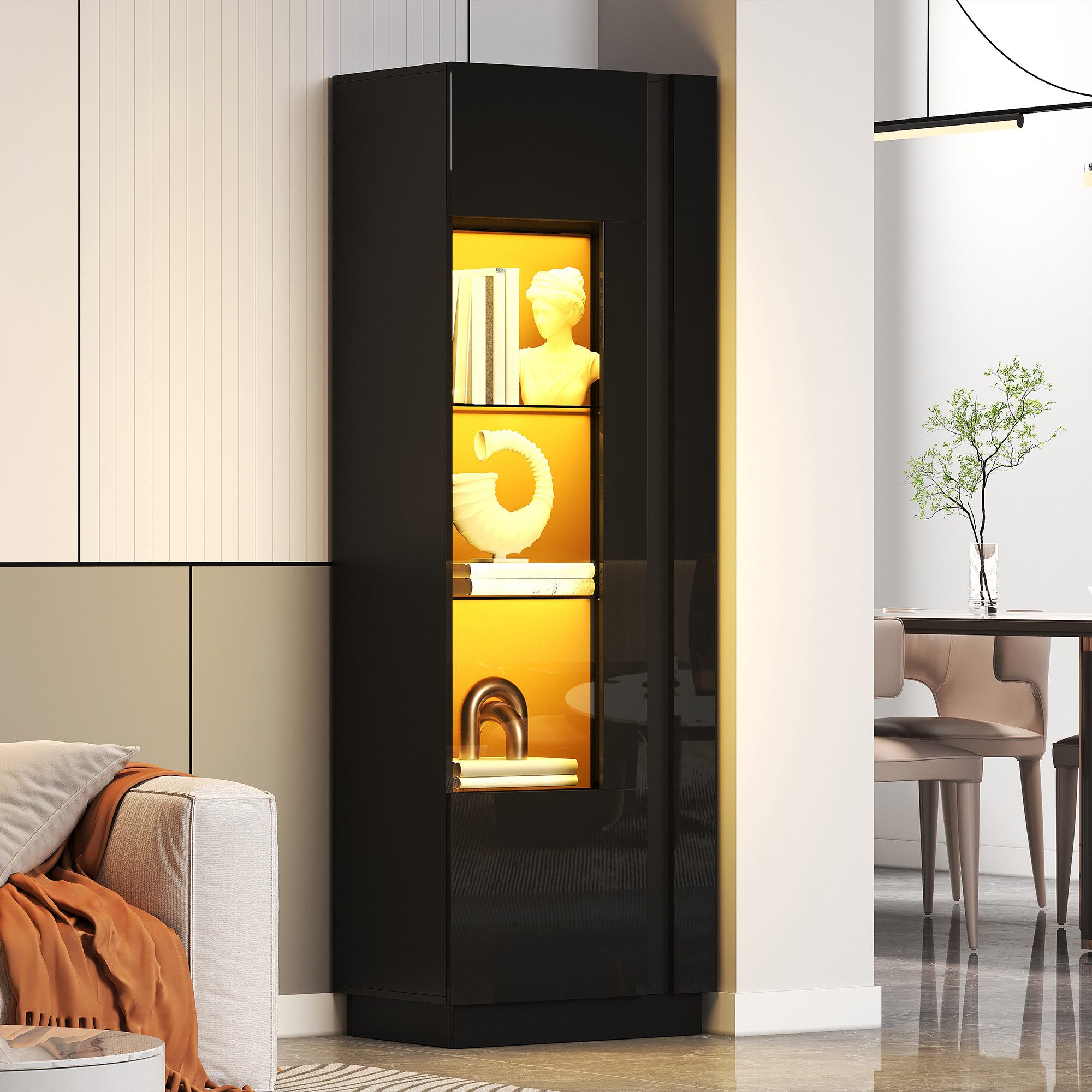 Merax Standvitrine Hochglanz Vitrine mit LED und App-Steuerung (Standregal Schrank Vitrinenschrank, 1-St., 60 x 40 x 180 cm) Hochschrank Vitrinenschrank mit it Acryl-Schranktür & Glasböden