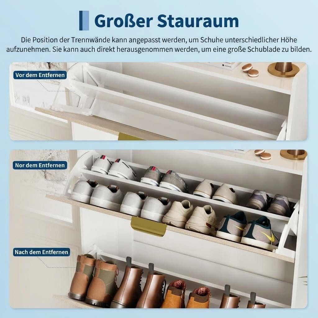 GarveeMore Schuhständer Schmaler Schuhschrank mit 3 Klappfächern, beige Textur, eige Textur & goldenen Metallbeinen, Kleiner Schuhschrank für Wohnung – Bild 4 von 5
