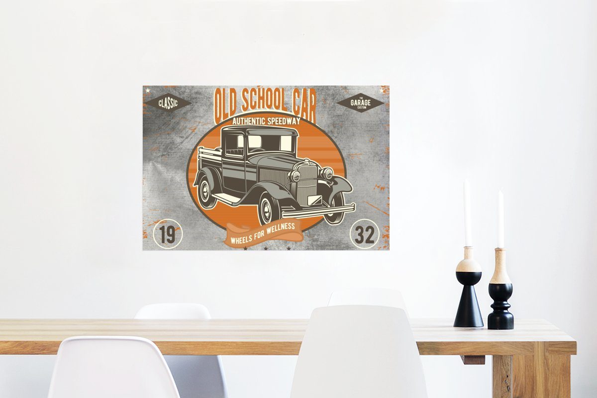 Rahmen - Poster Grau - Vintage, Poster, Auto Ohne Wohnzimmer, Wandposter (1 St), - - für Wandbild, MuchoWow Mancave Orange