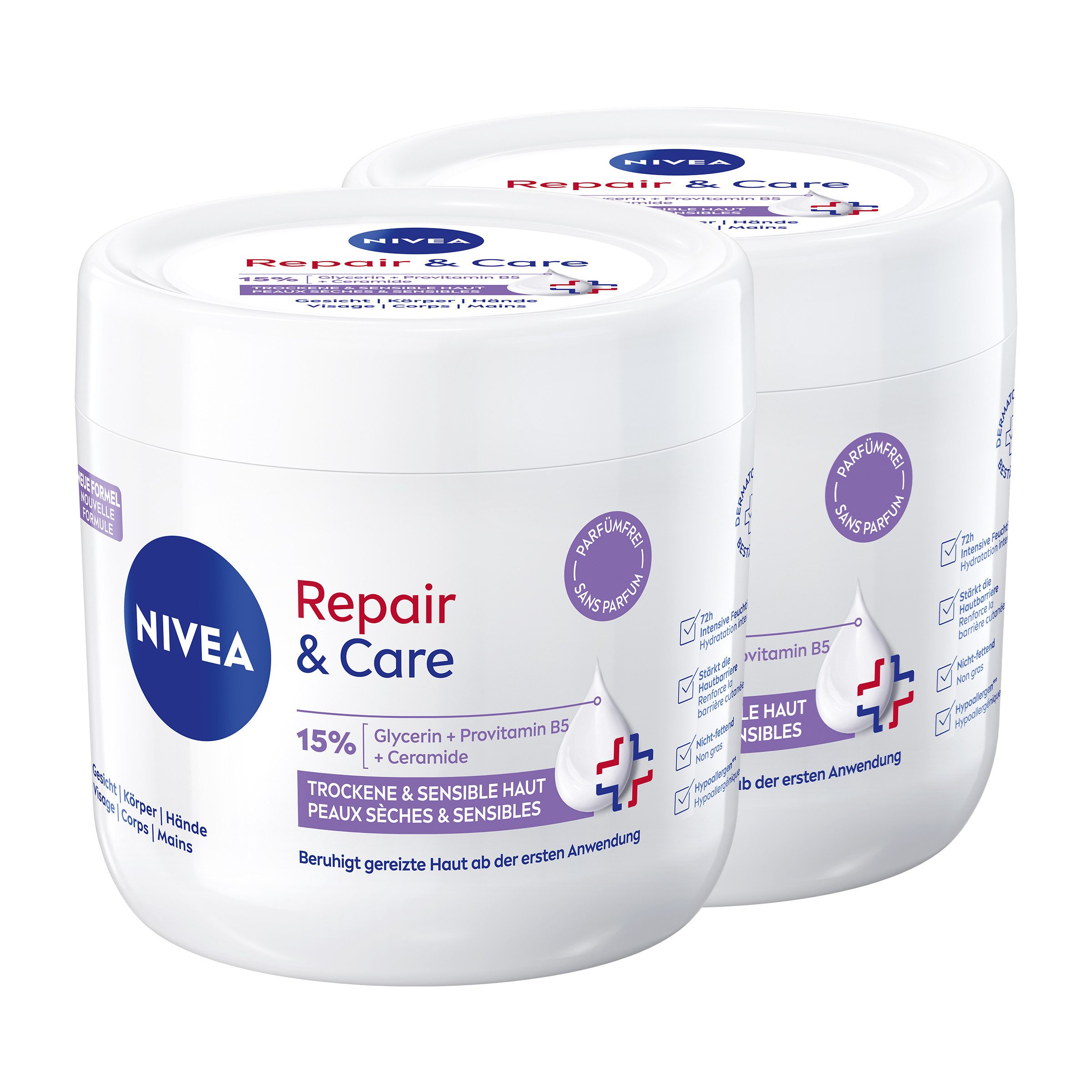 Nivea Tagescreme Repair & Care Creme-Tiegel Parfümfrei 400ml, 2-tlg., angereichert mit 15% Glycerin, Provitamin B5 und Ceramide