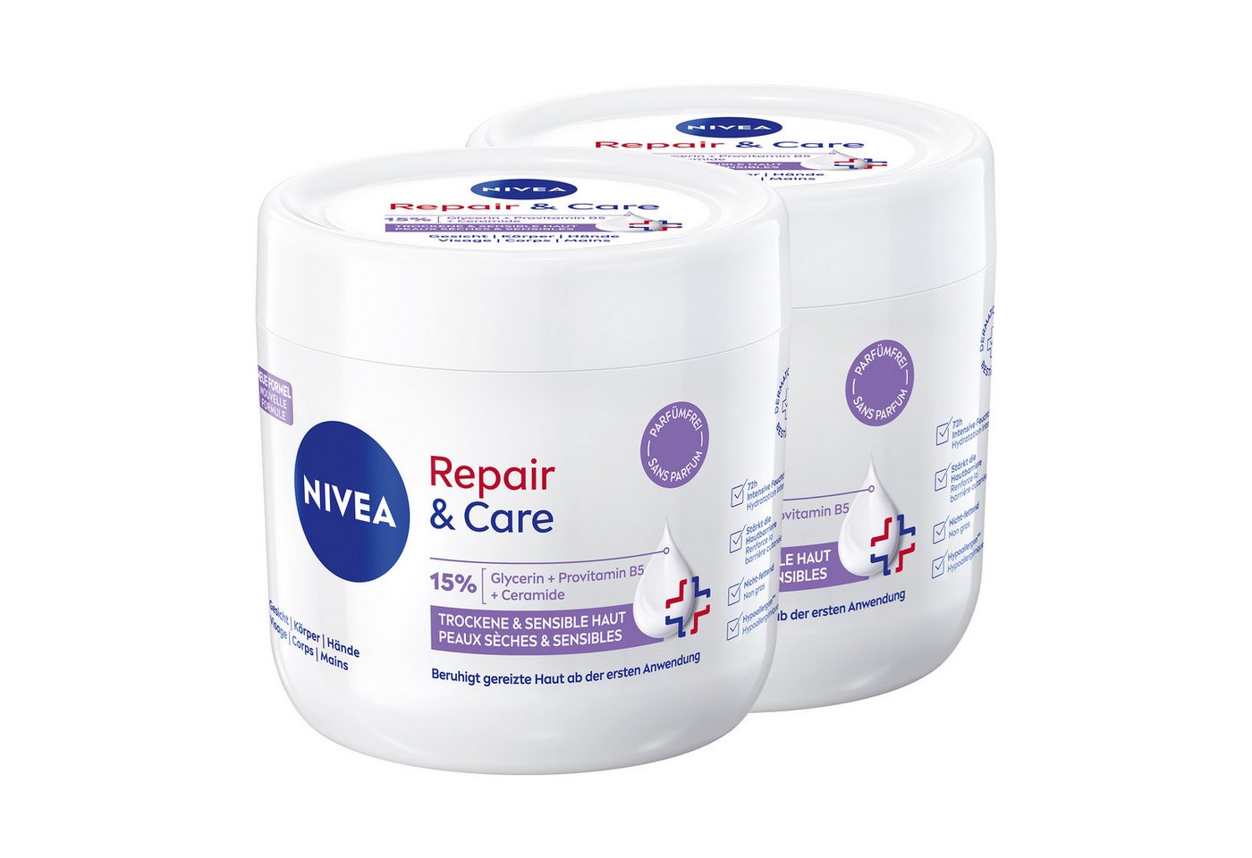 Nivea Tagescreme Repair & Care Creme-Tiegel Parfümfrei 400ml, 2-tlg., angereichert mit 15% Glycerin, Provitamin B5 und Ceramide
