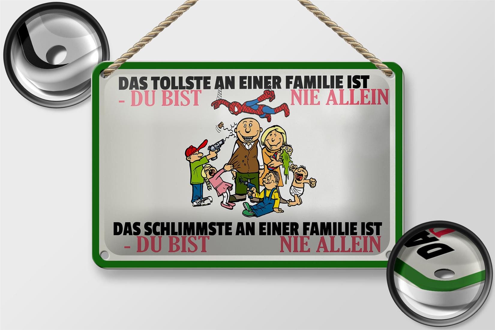 Femer GmbH Metallschild Spruch 18x12cm Familie du bist nie allein, (1 St), gewölbte Oberfläche, abgerundete Ecken, umgeschlagene Kanten