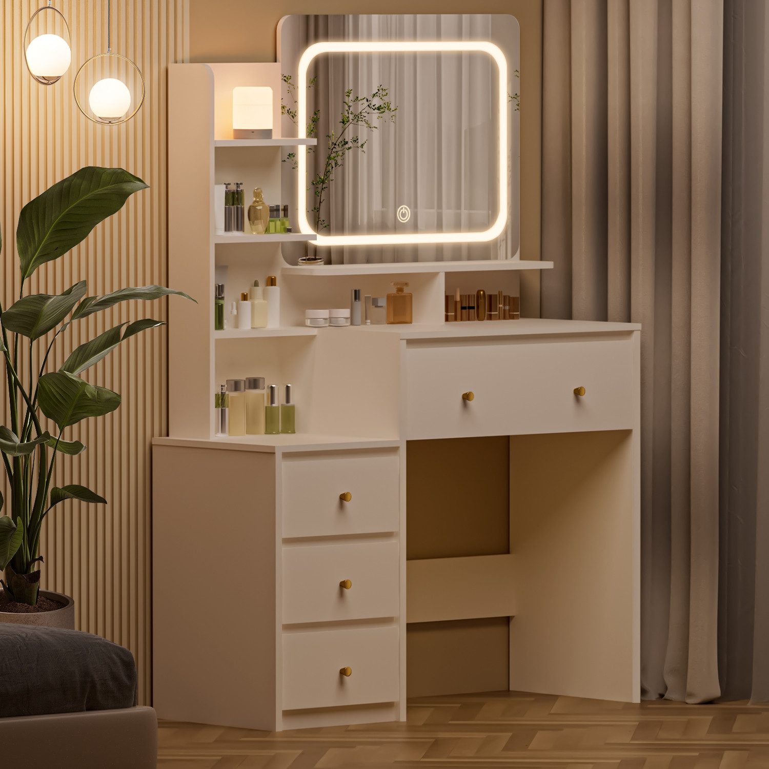 Lexzurn Schminktisch Schminktisch mit LED-Beleuchtung, Kosmetiktisch mit Spiegel, 4 Schubladen+6 offene Fächer, Helligkeit verstellbar, 92.6x132x36 cm