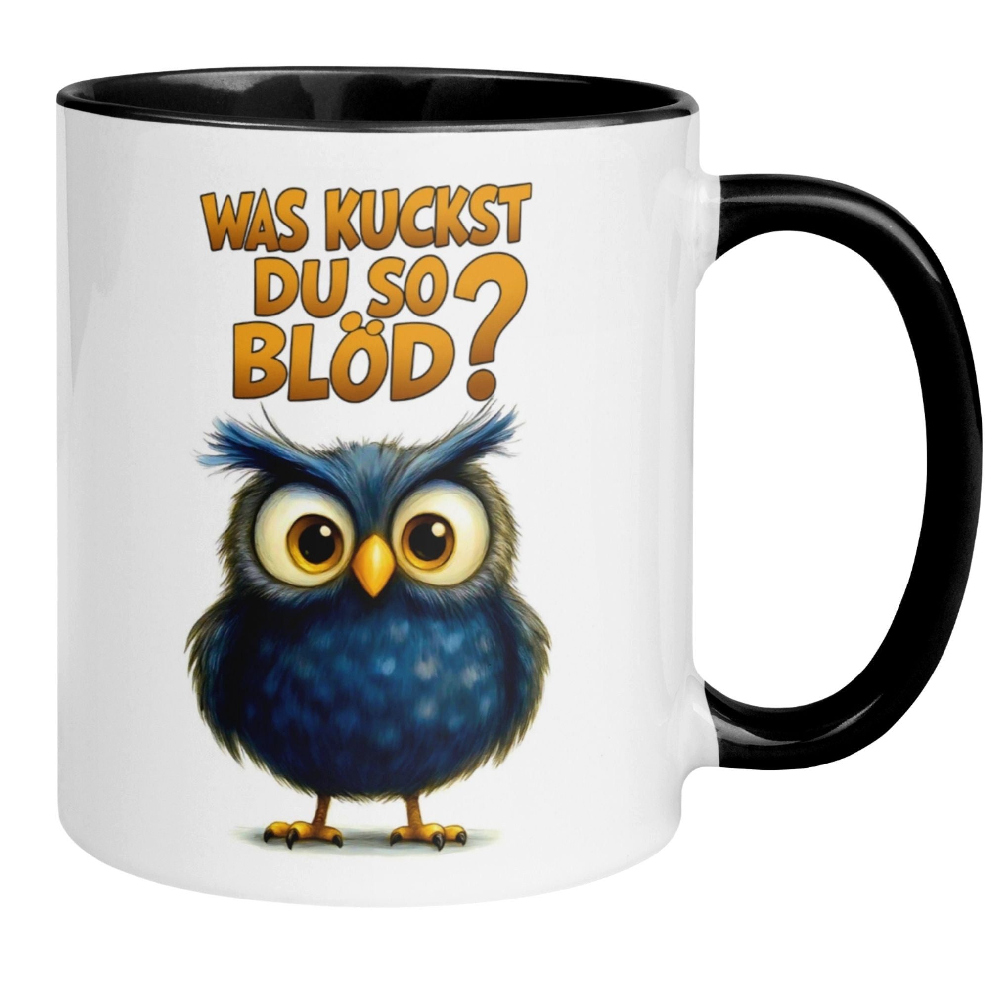 Momentals Tasse Eule – Was kuckst du so blöd – lustiges Eulen Geschenk Morgenmuffel, Gratis Versand · Links-&Rechtshänder · Spülmaschinenfest
