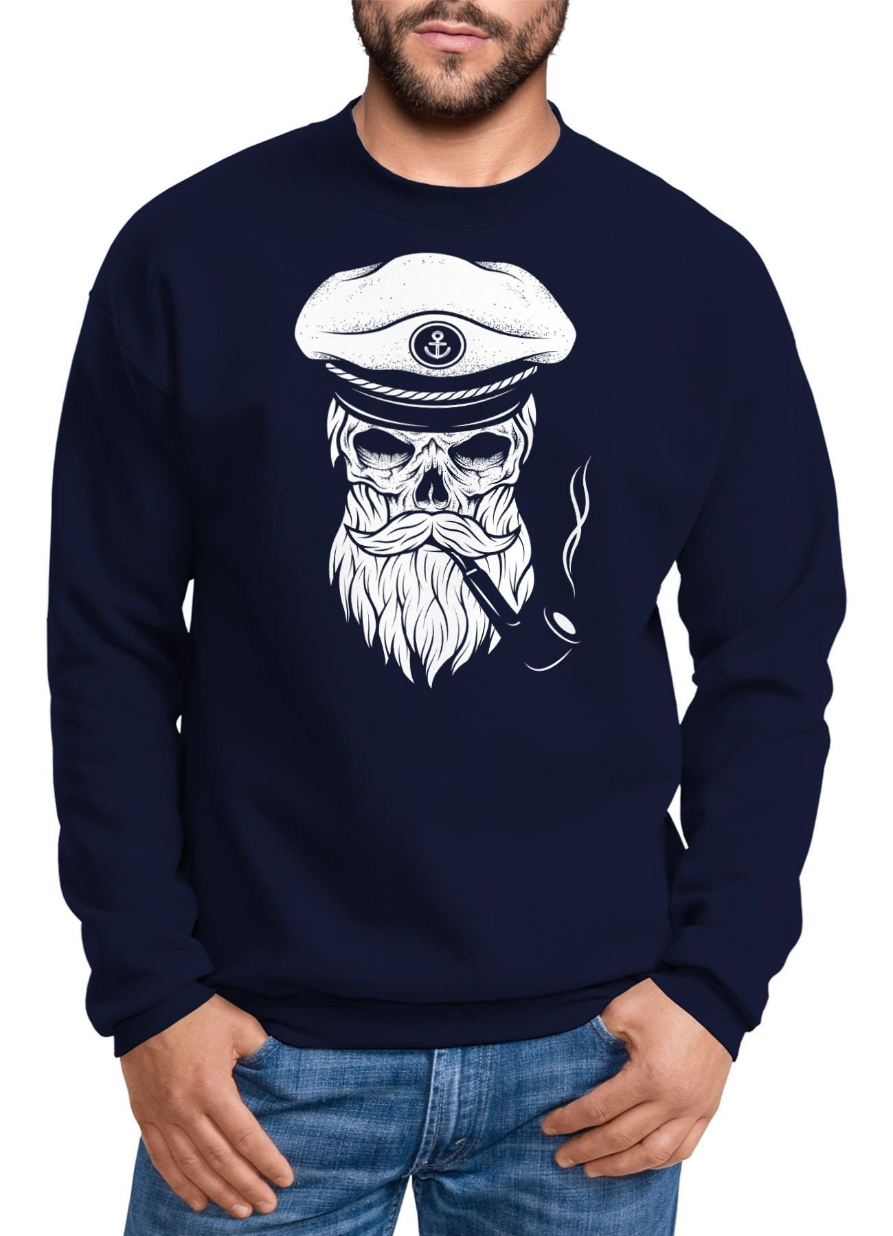 Neverless Sweatshirt Herren Sweatshirt Totenkopf Kapitän Captain Skull Bard Hipster Seemann Pullover Neverless® navy