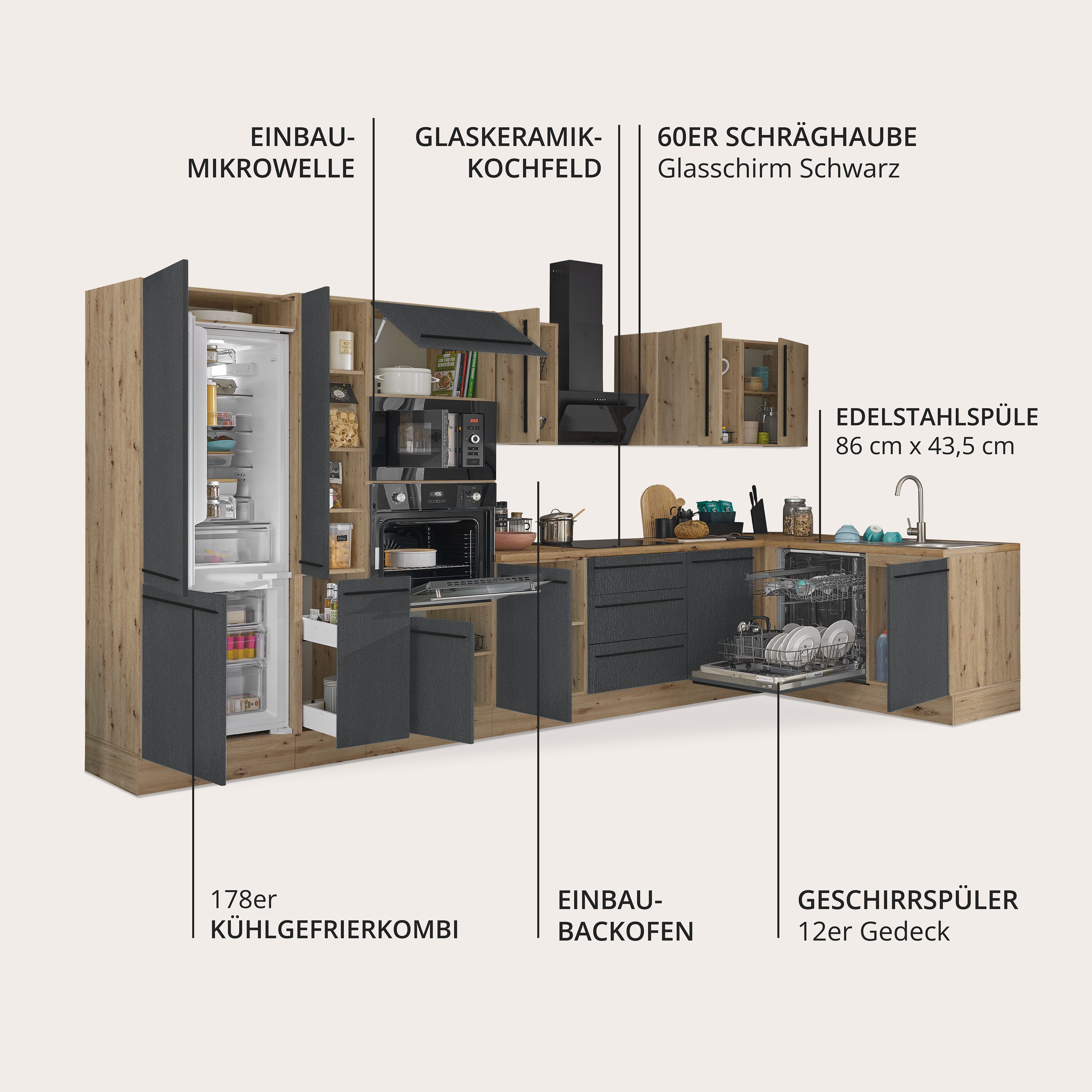 KOCHSTATION Winkelküche Florida, Stellbreite 370x175 cm, wahlweise mit E-Geräten, mit Softclose für Türen und Schubkästen