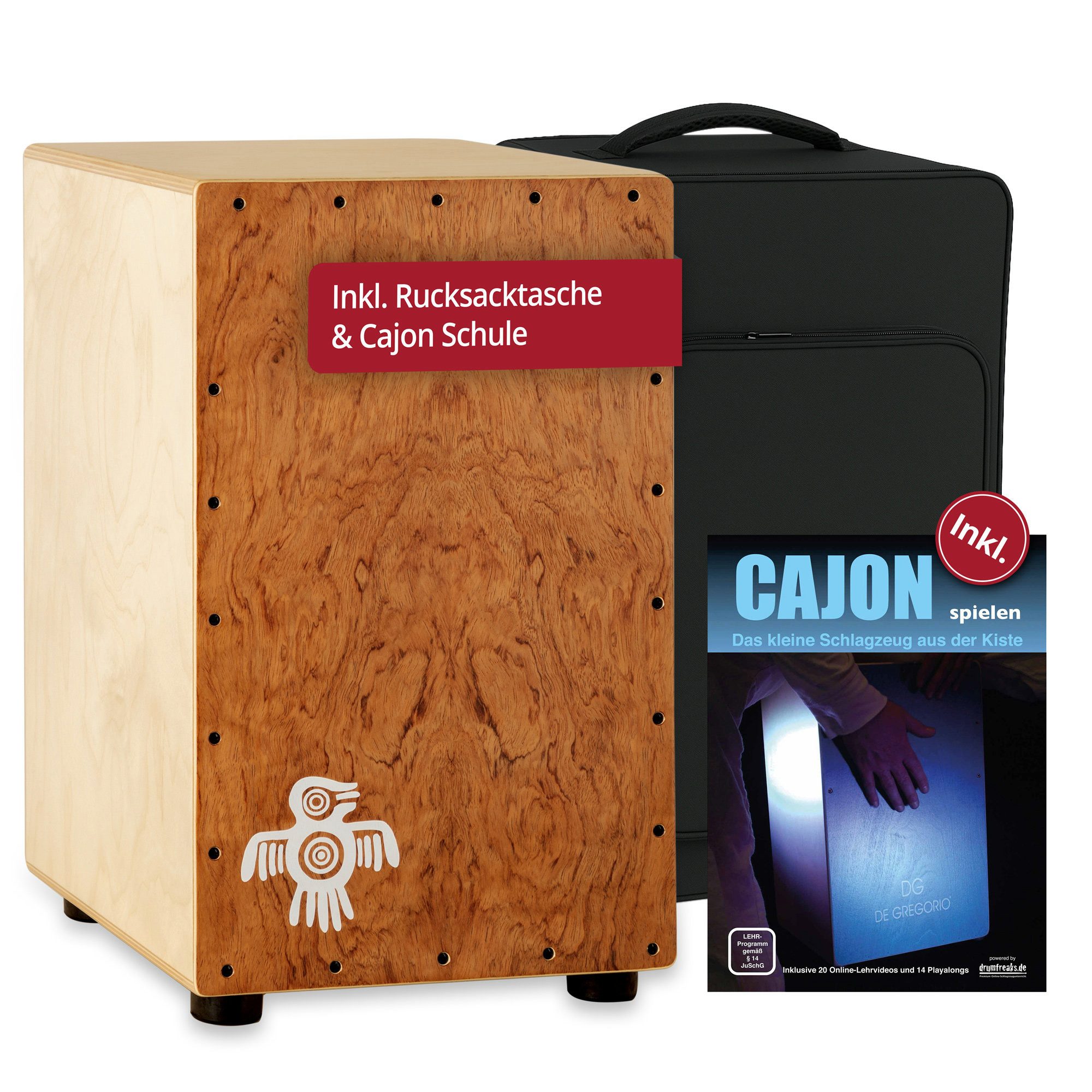XDrum Cajon PERC CP-482 Cajon Peruana Hardwood Set inkl. Cajonschule, inkl. Rucksack-Tasche, Innensechskantschlüssel und Cajonschule, 3 mm Schlagplatte - 9 mm Birkenkorpus - 48 cm hoch