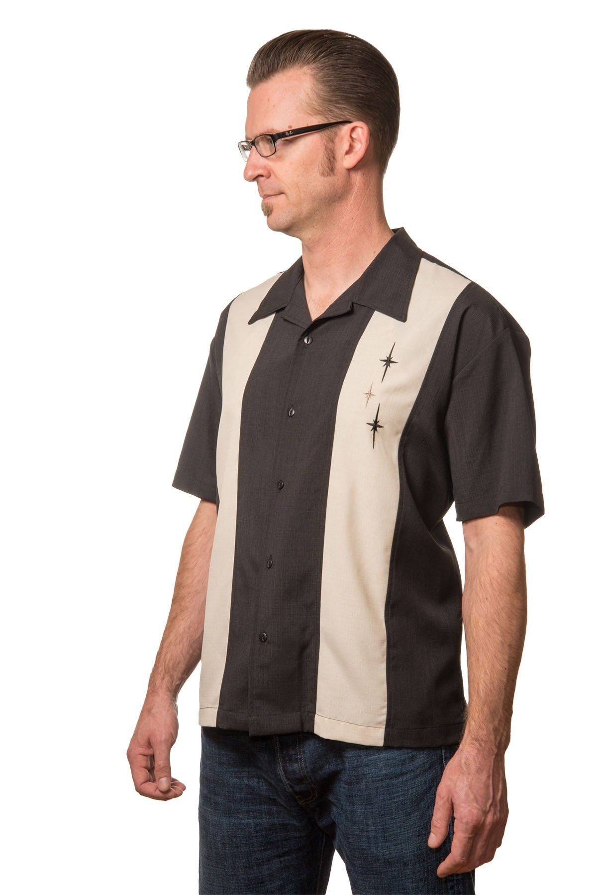 Steady Clothing Kurzarmhemd Three Star Panel Schwarz Retro Vintage Bowling Shirt