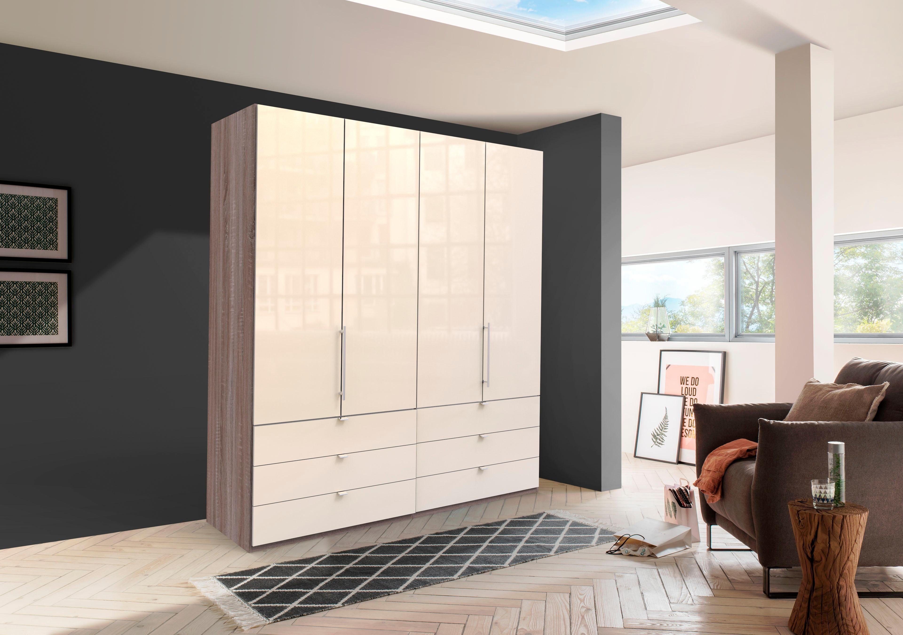 WIEMANN Falttürenschrank Loft, Kleiderschrank, Schrank, Wäscheschrank, mit Glasfront (3 Breiten, 2 Höhen 216/236 cm auswählbar, MADE IN GERMANY) inkl. gepämpften Schubkästen und Türen, mit Panoramaöffnung