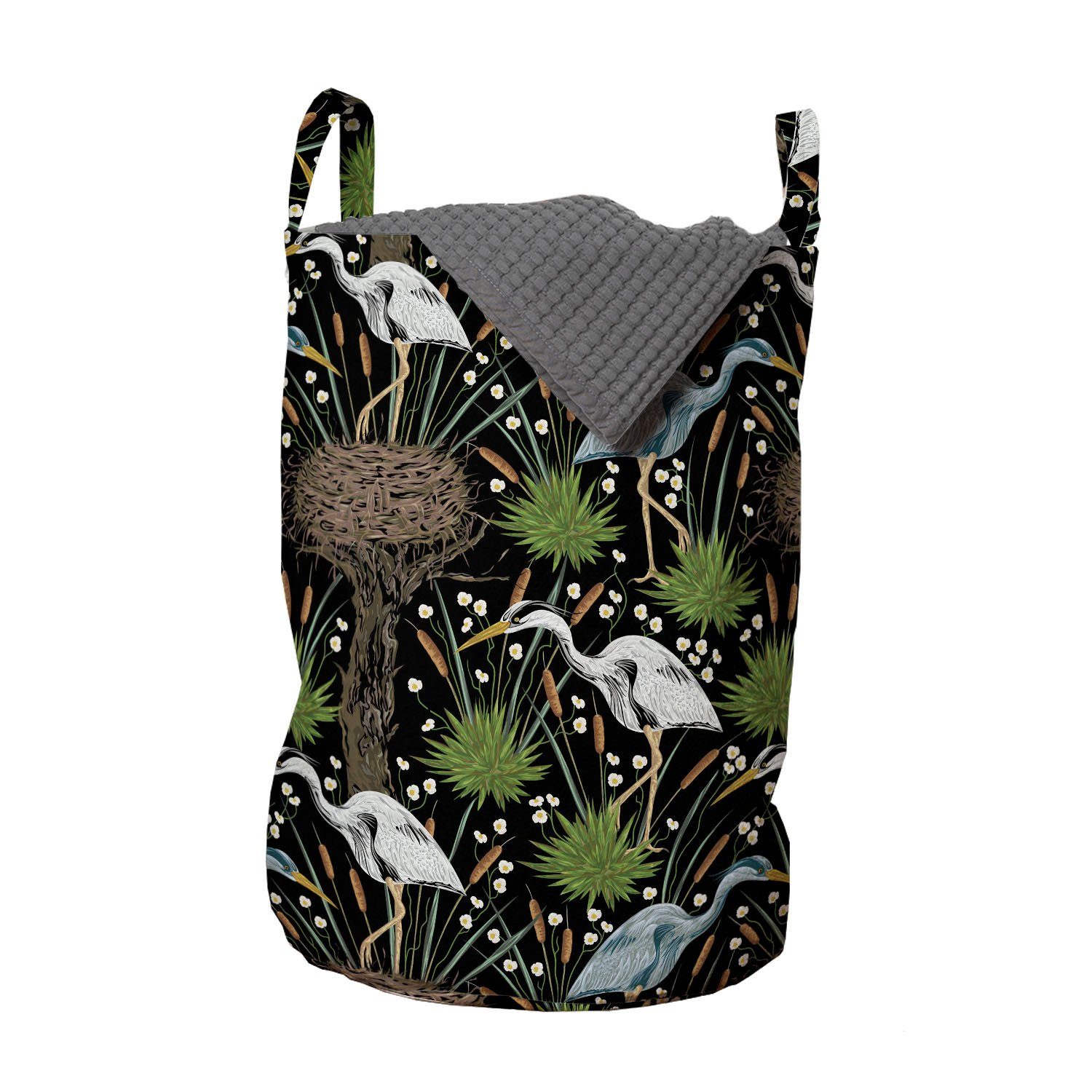 Abakuhaus Wäschesäckchen Wäschekorb mit Griffen Kordelzugverschluss für Waschsalons, Tierwelt Reiher-Vogel-Sumpfpflanzen | Wäschesäcke