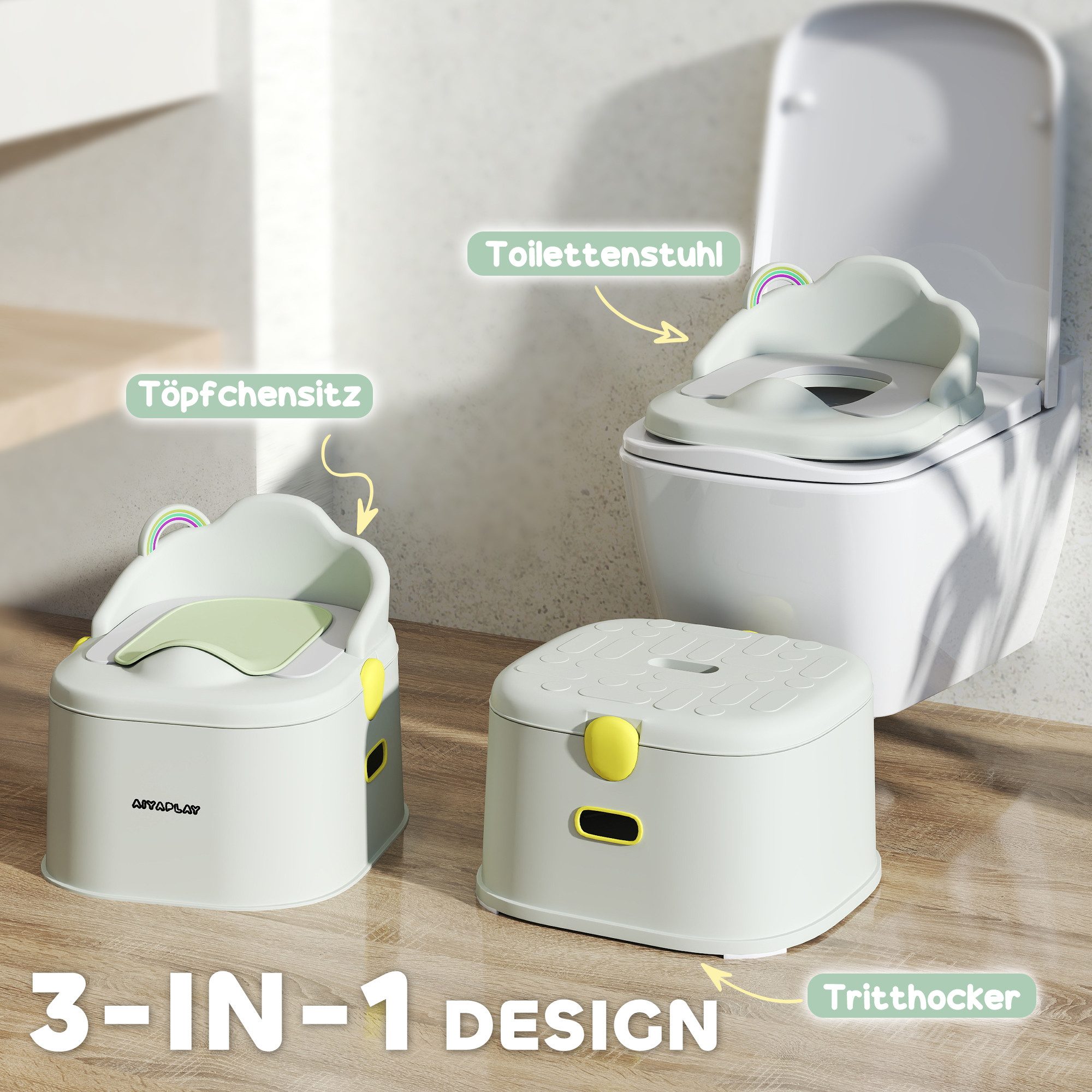 AIYAPLAY 3-in-1 Toilet Trainer, Detachable, with Handles, for Children 6-72 Months, (Potty, 1-Piece), Supports up to 50 kg, Plastic, Faux Leather, Grey