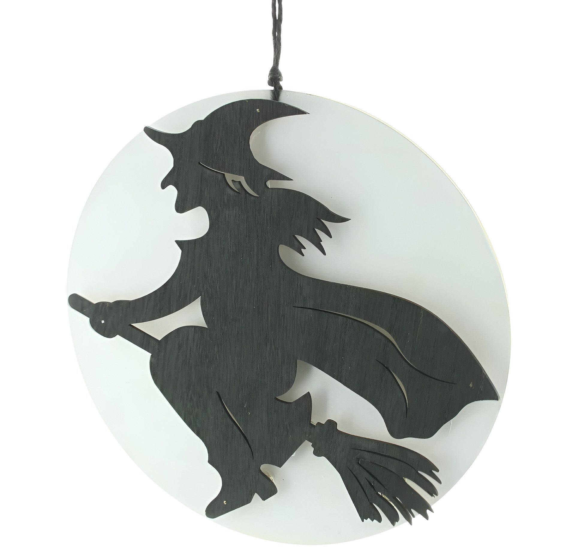 Dekoleidenschaft Dekohänger "Fliegende Hexe" aus Holz, mit LED Beleuchtung, Ø 30 cm, Halloweendeko, Hängedeko, Holzdeko, Leuchtdeko zum Aufhängen