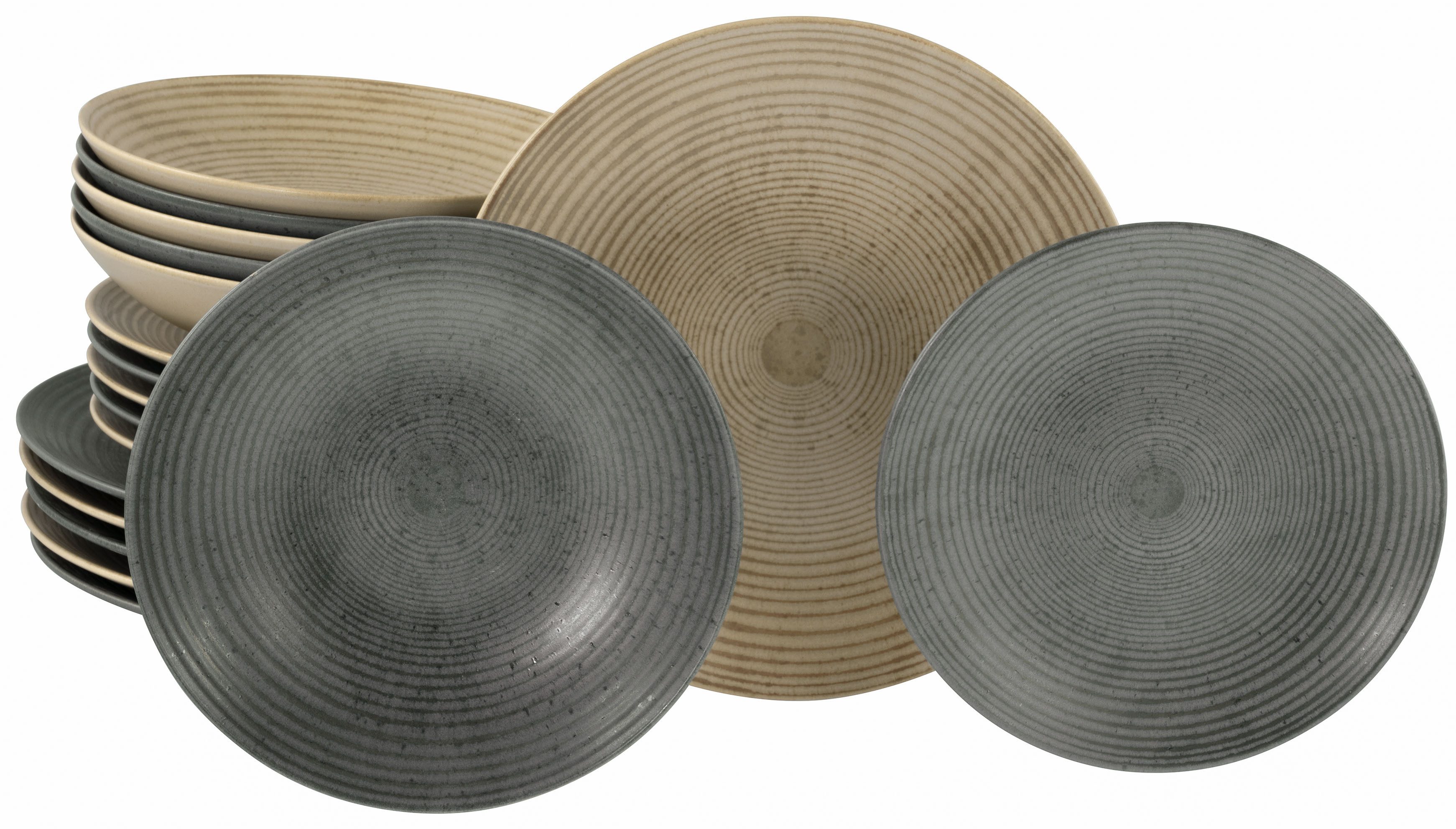 CreaTable Teller-Set Catania Mix, Tellerset 18-tlg. (18-tlg), 6 Personen, Steinzeug, Vintage Farben, Ausdrucksstarkes Relief, Handwerklicher Charakter