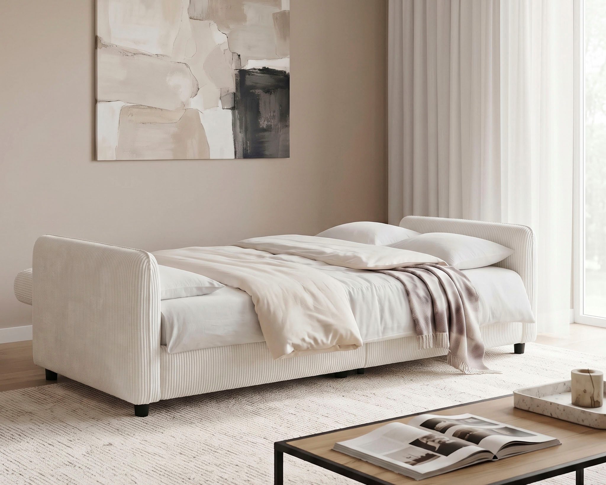 Dorel Home 3-Sitzer Allie Curved Schlafsofa 209 cm, Bettfunktion (110/190), verstellbare Rückenlehne, Cord u. Velours – Bild 4 von 5