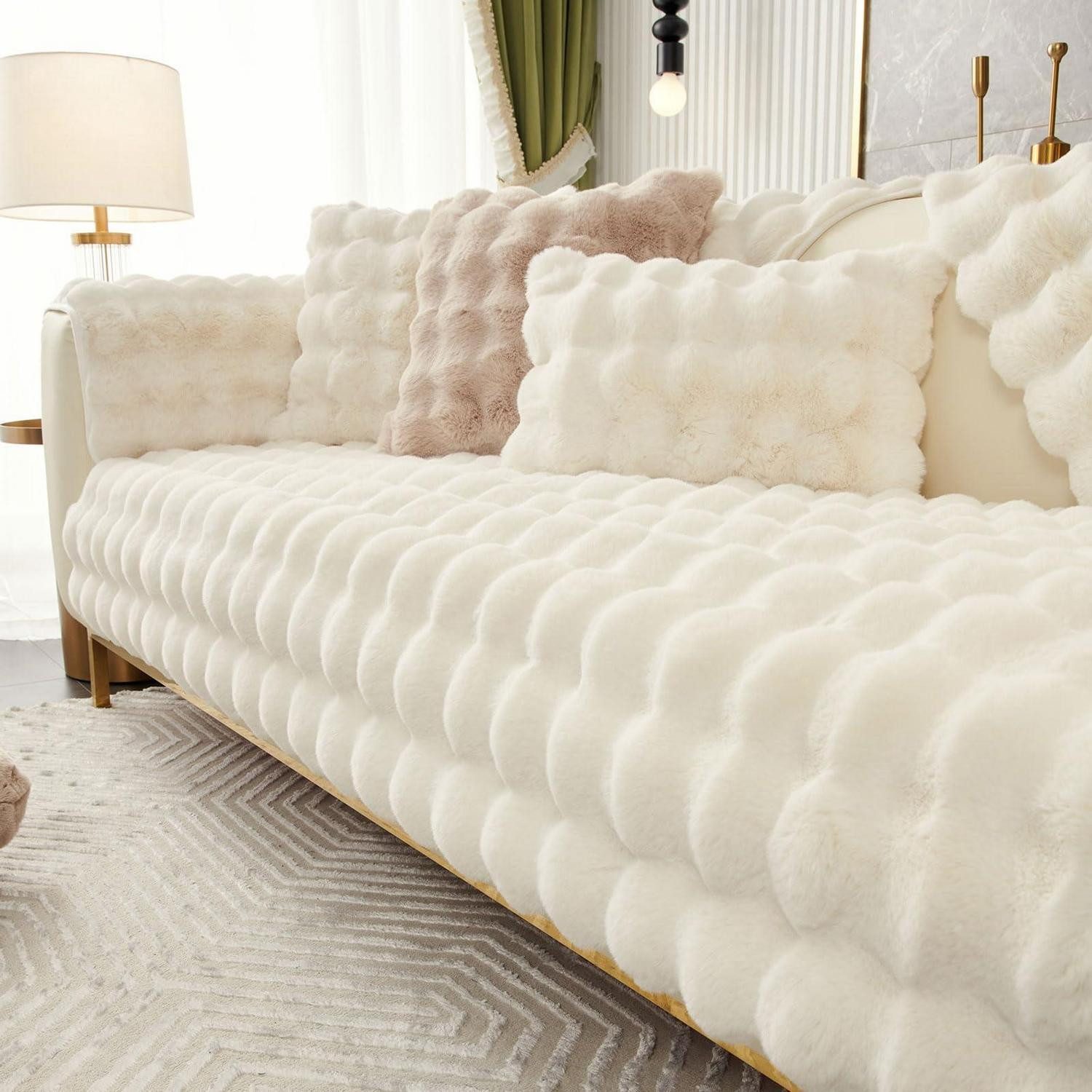 Überwurf Sofa Überzug Kunstpelz Beige 90x240cm, LuxusKollektion