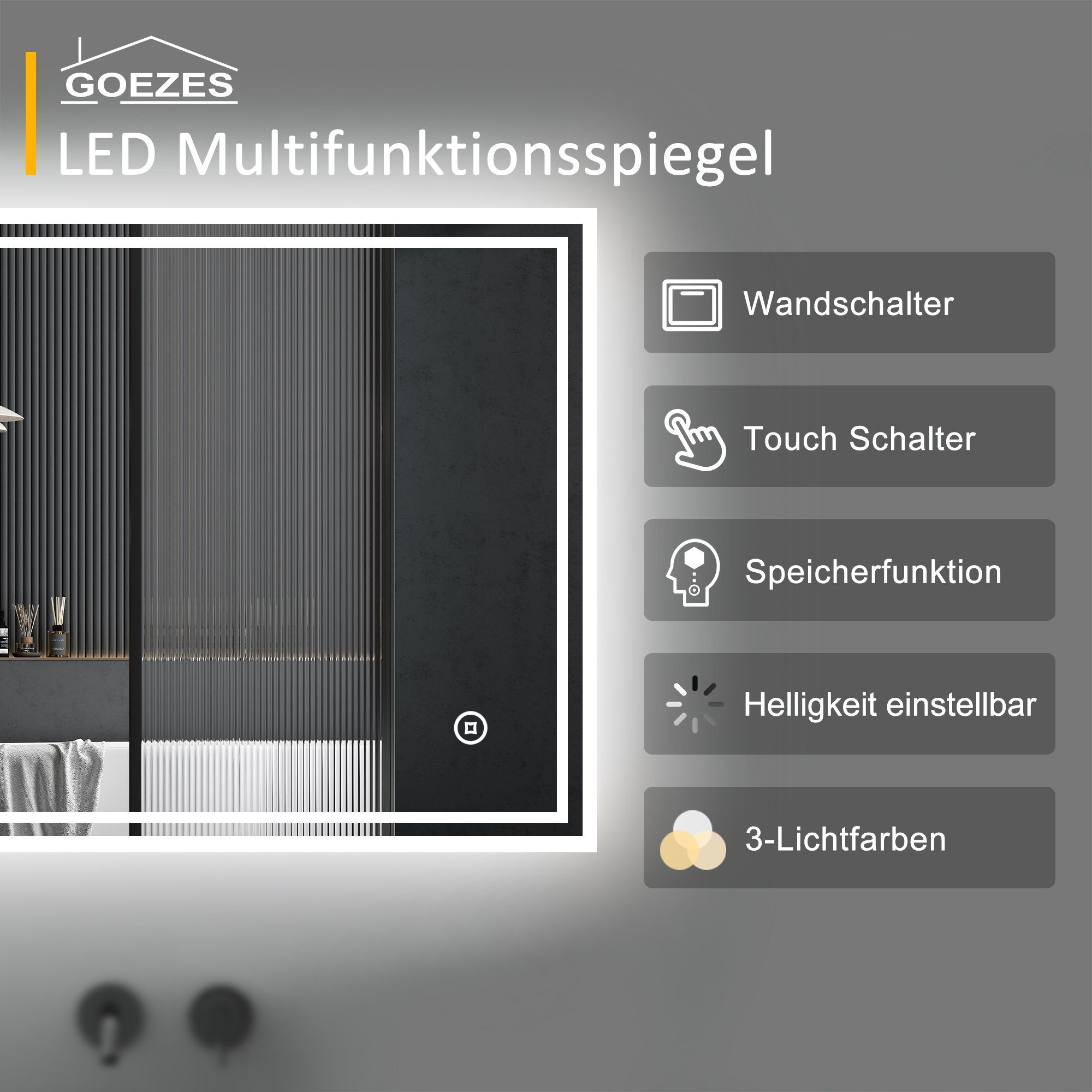 WDWRITTI Badspiegel Wandspiegel Badezimmerspiegel Led mit beleuchtung 80x60 100x60 50x70 (Speicherfunktion, 3Lichtfarben, Helligkeit einstellbar, Touch, Wandschalter), energiesparender, Vertical/Horizontal Installation