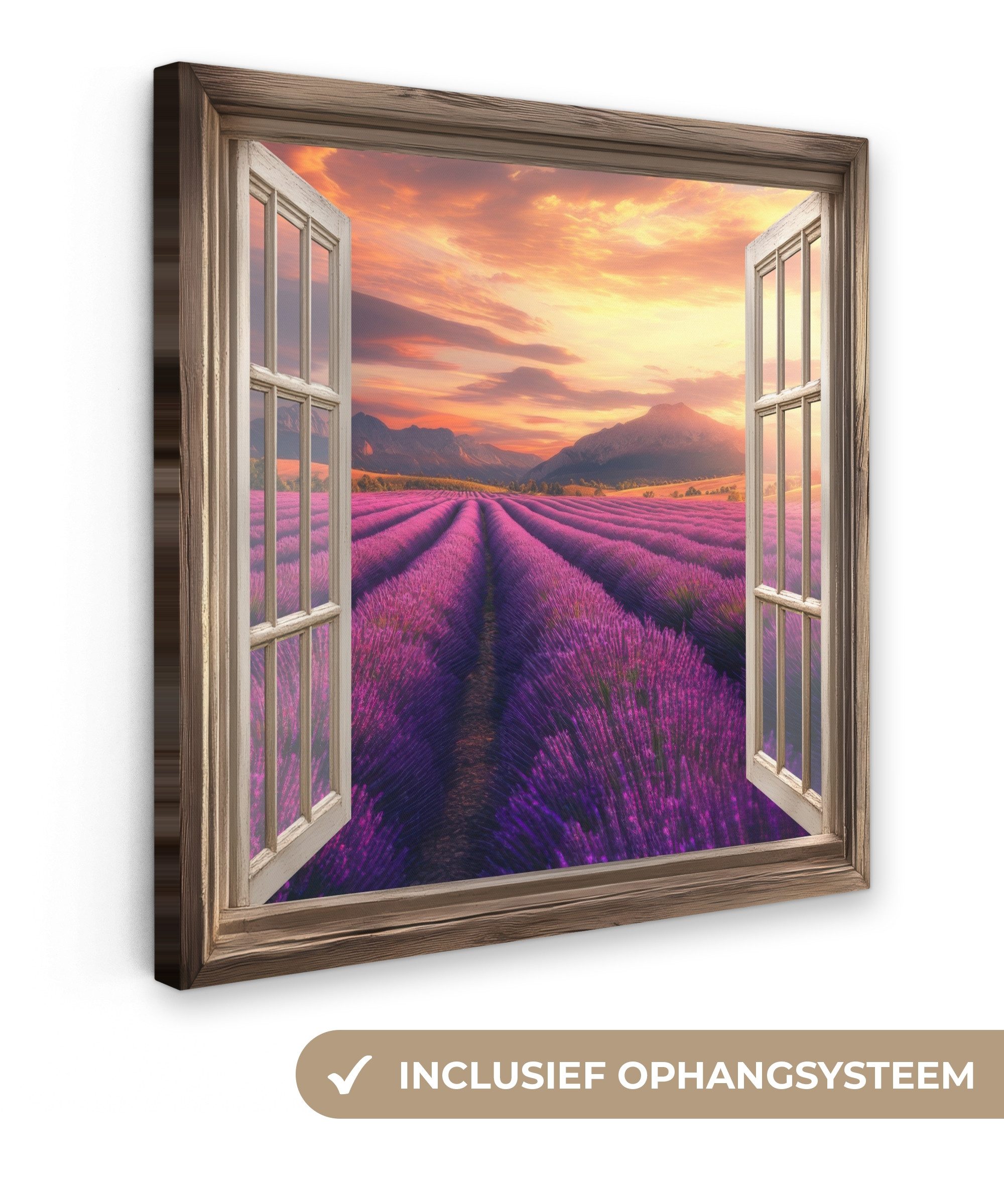 OneMillionCanvasses® Leinwandbild Fensterblick - Fenster - Lavendel - Landschaft - Blumen - Lila, Fotodruck (1 St), Wandbild, Deko Schlafzimmer Wohnzimmer Flur 20x20 cm
