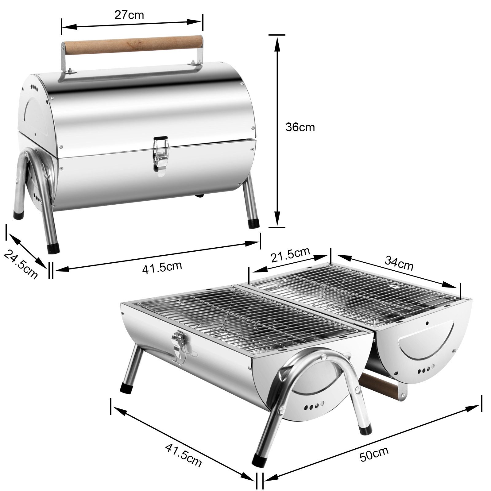 SunJas Holzkohlegrill Edelstahl CA-S22A Tragbarer Klappgrill Doppelgrillfläche 34 x 21,5 cm, Edelstahl Tischgrills Campinggrill  Reisegrill  Koffergrill 